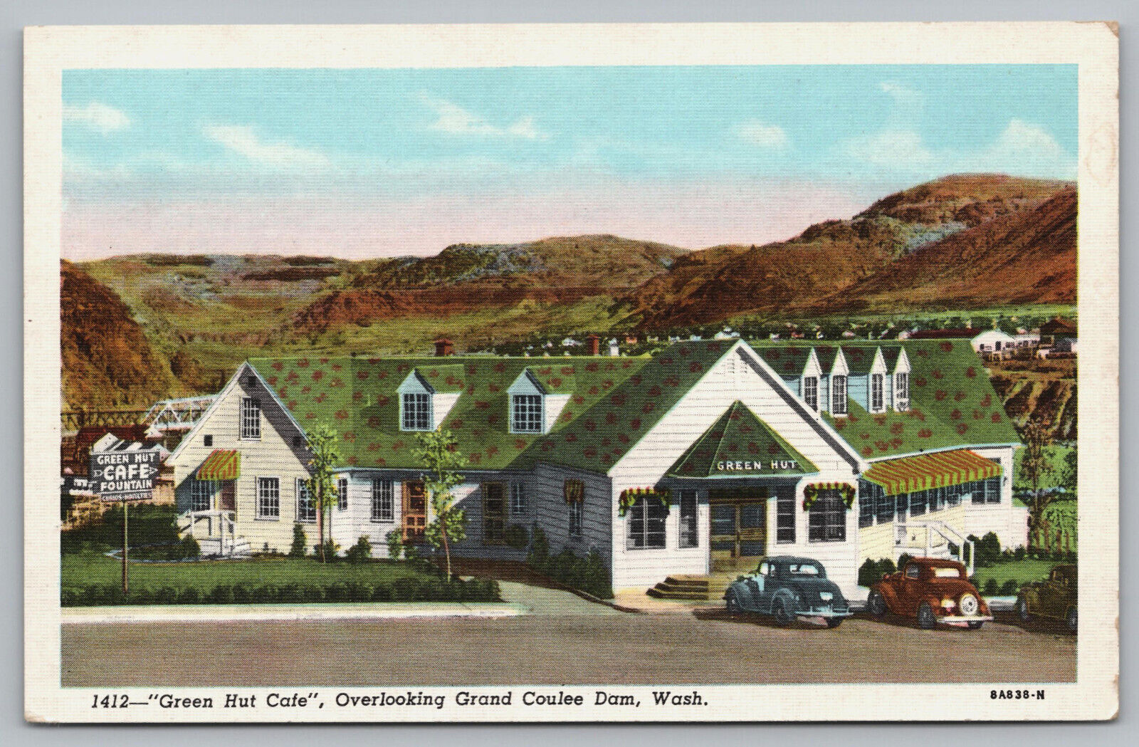 Grand Coulee WA Washington - Green Hut Cafe  Restaurant - Linen Postcard - c1938