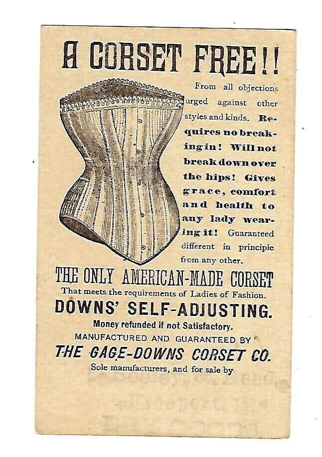 c1880 Trade Card Downs Self Adjusting Corset, The Only American Made Corset