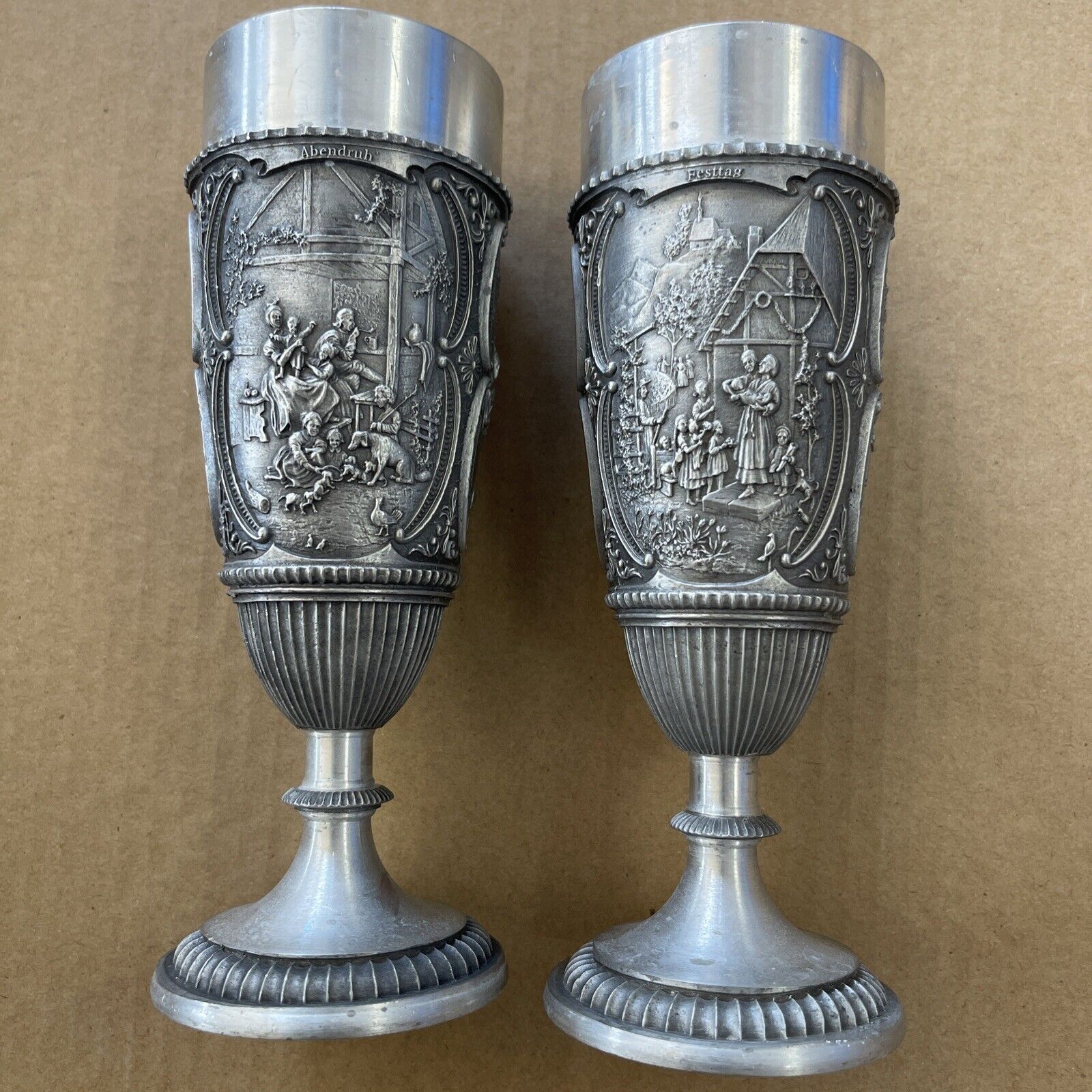 Vintage German Pewter Goblets With Romantic Scenes