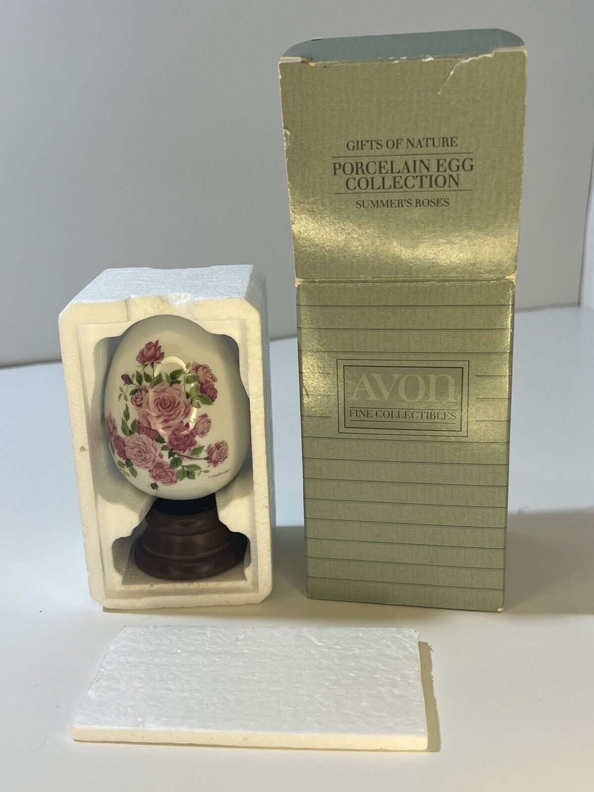 1988 Handcrafted Avon Summer Roses Porcelain Egg With Stand And Box