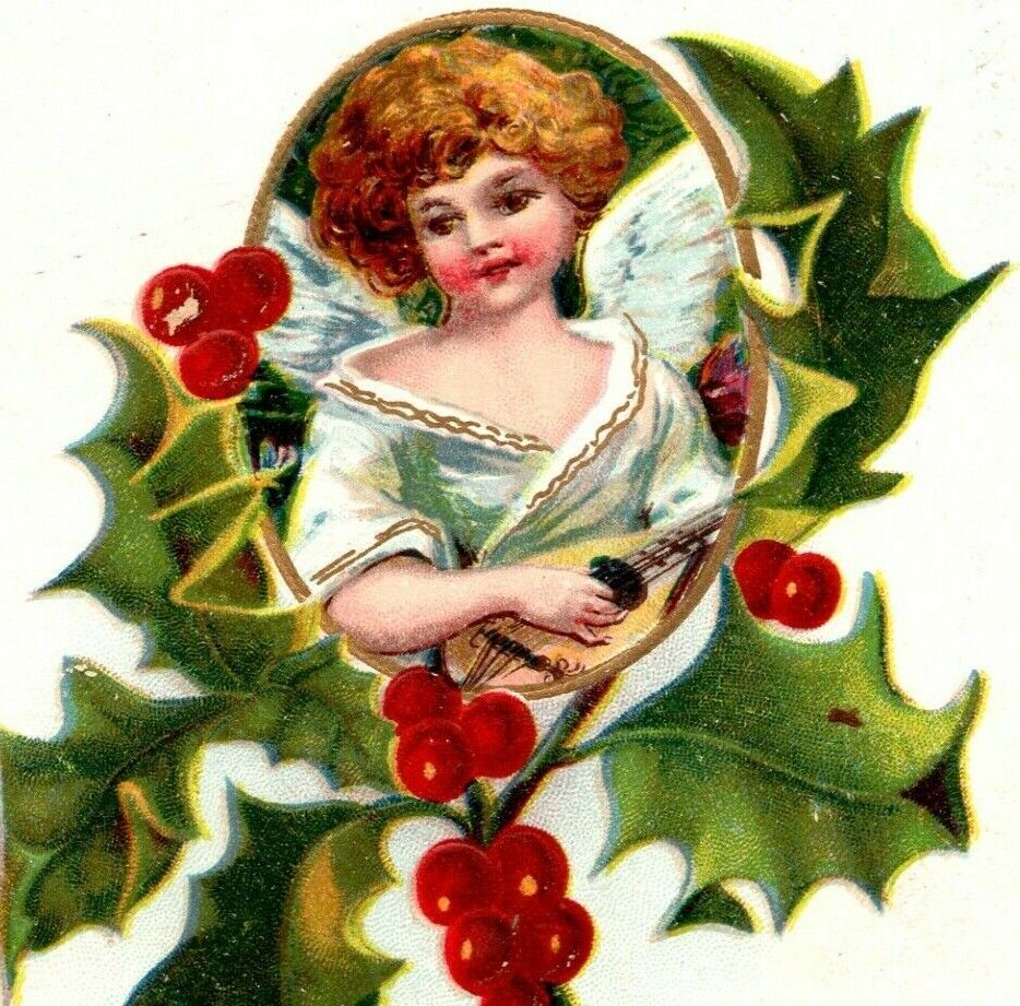 c1908 Merry Christmas Postcard Angel Playing Mandolin Holly Berries Embossed