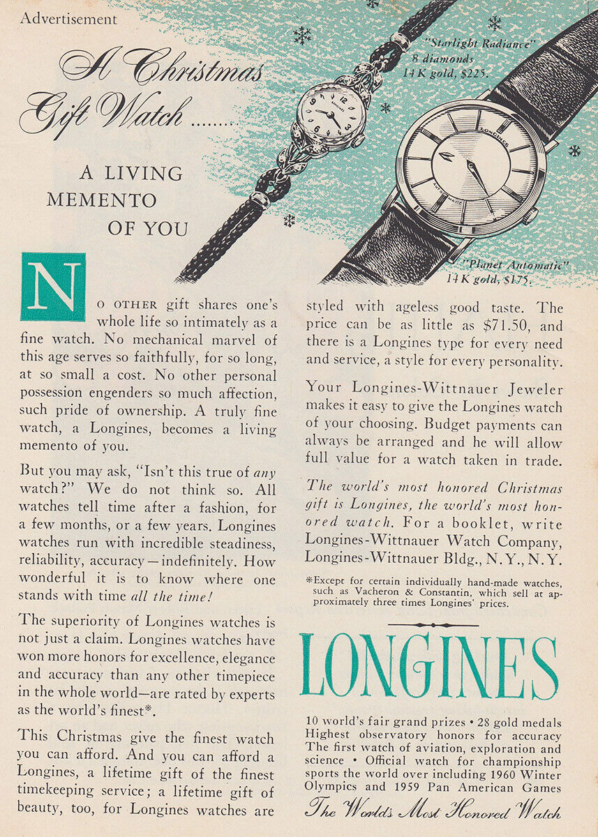 1958 Longines Watch: A Christmas Gift Watch Vintage Print Ad
