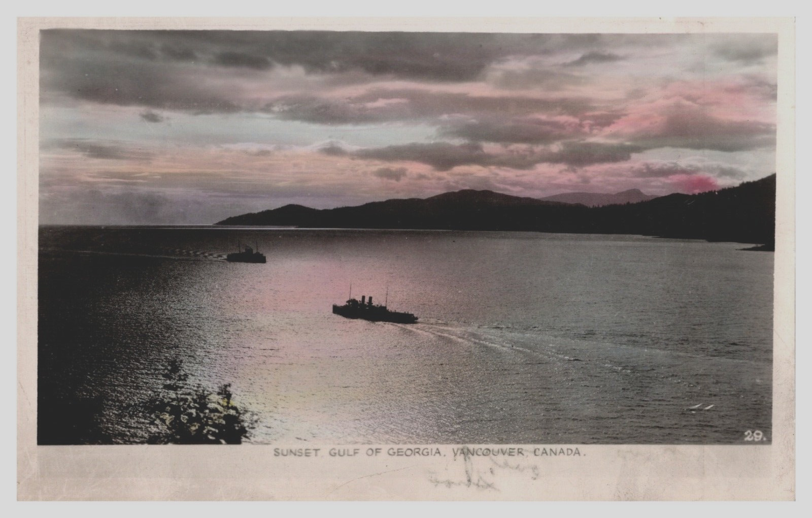 Sunset Gulf of Georgia Vancouver Canada Steamships RPPC Colorized  Postcard