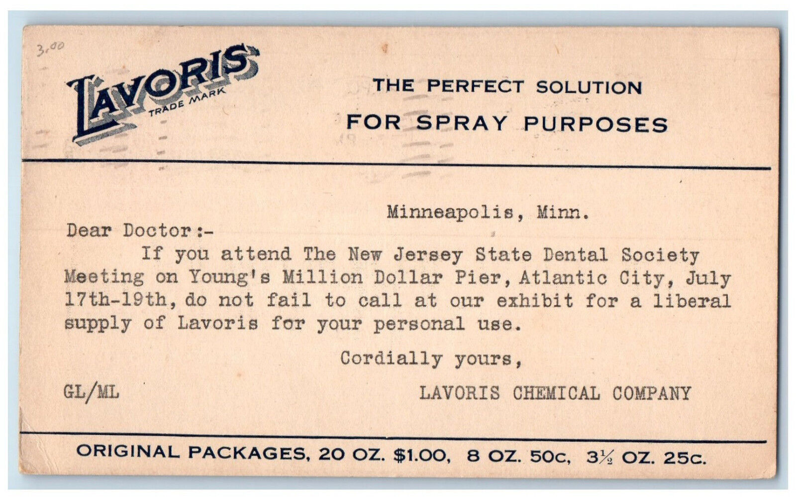 1918 Lavoris Spray Dental Society Meeting Minneapolis MN Postal Card