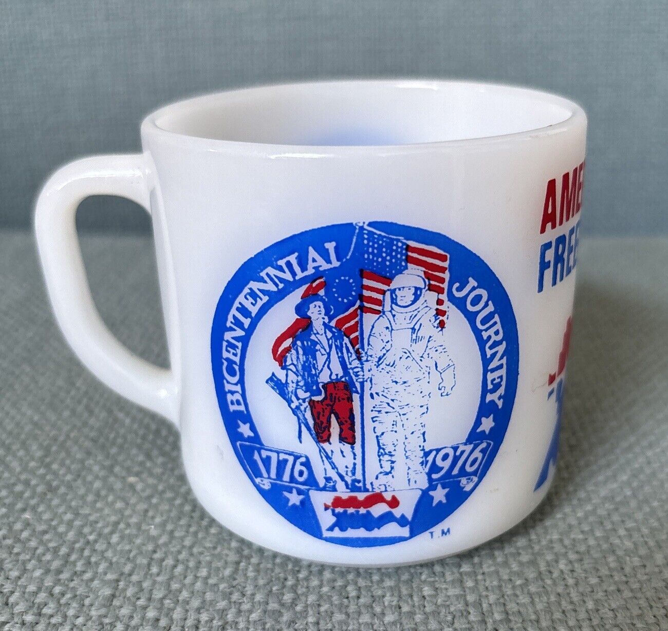 American Freedom Train Coffee Mug Cup 1976 Bicentennial Federal Milk Glass USA