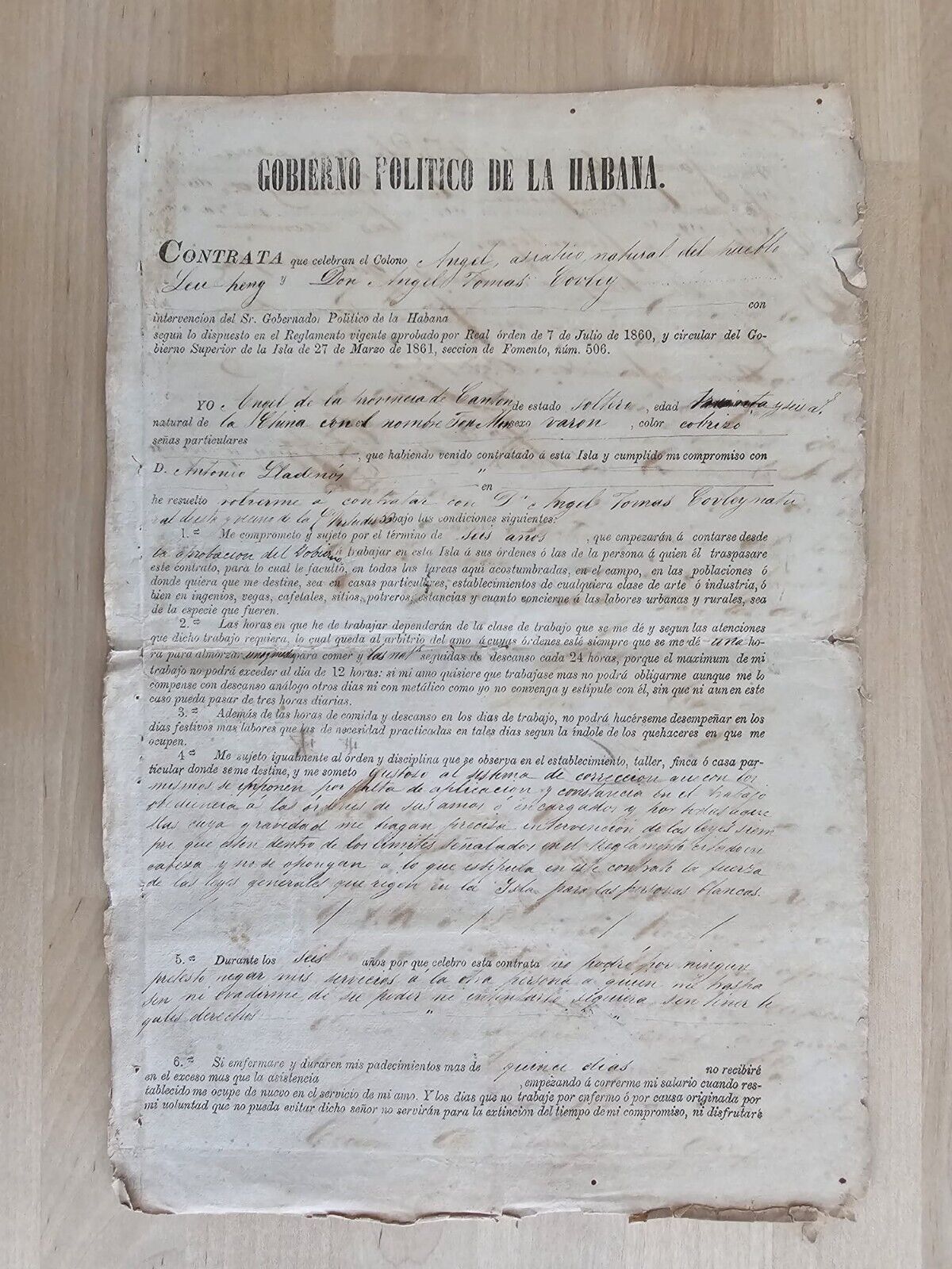 ANTIQUE 1862 CHINA CHINESE SLAVES HAVANA CONTRACT DOCUMENT SIGNED