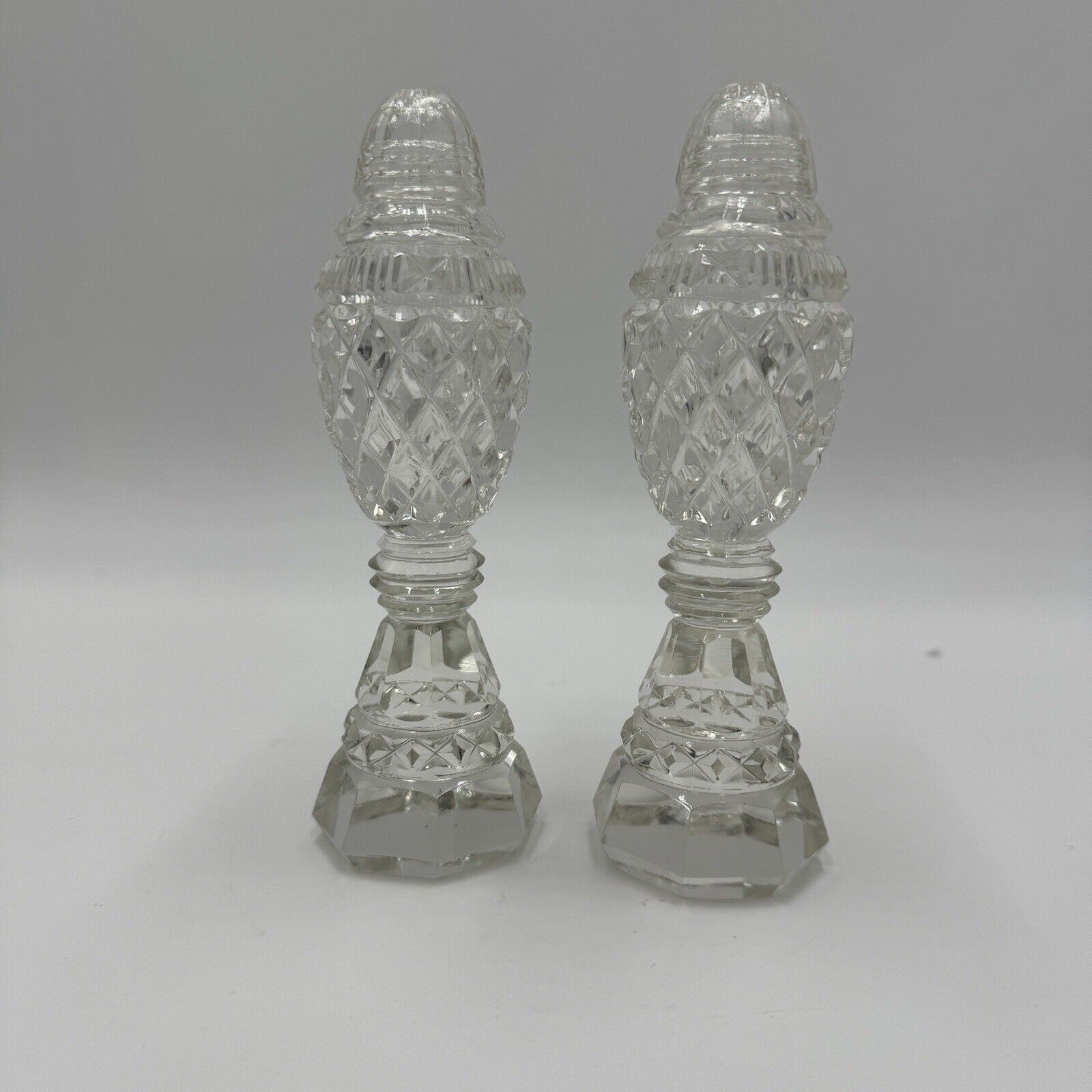Antique Bohemian Czech Cut Glass Pedestal Salt & Pepper Shakers 6in H