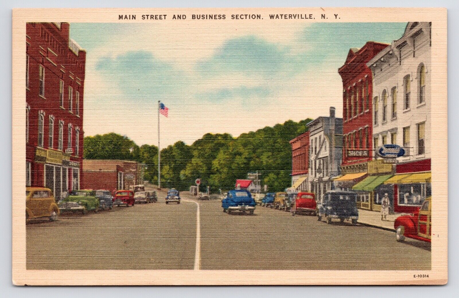 c1940s-Waterville New York NY~Main Street~Rexall Drugs~Texaco~Ford~Vtg Postcard