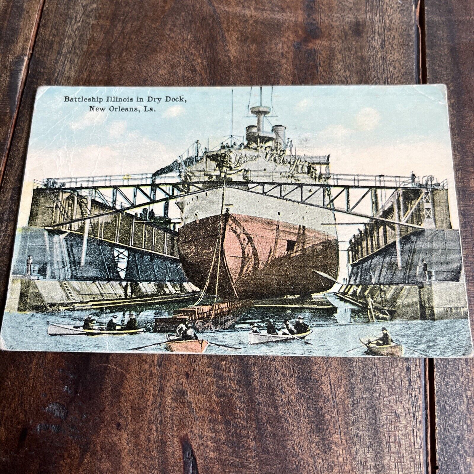Vintage 1919 Post Card 1 Cent Stamp Battleship Illinois In Dry Dock New Orleans