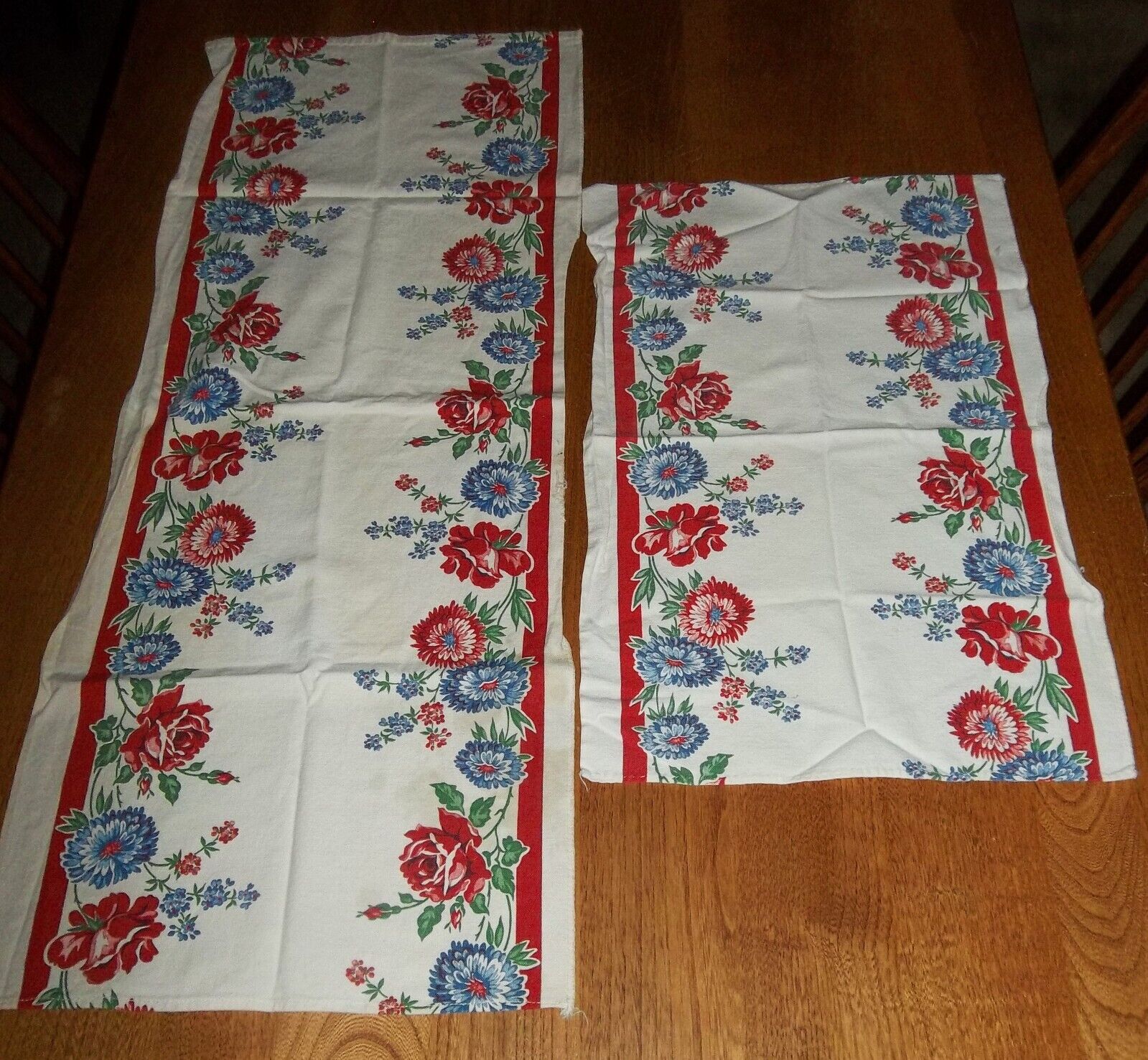 Vintage Blue & Red Flowers Cotton Tea Towel & Table Runner