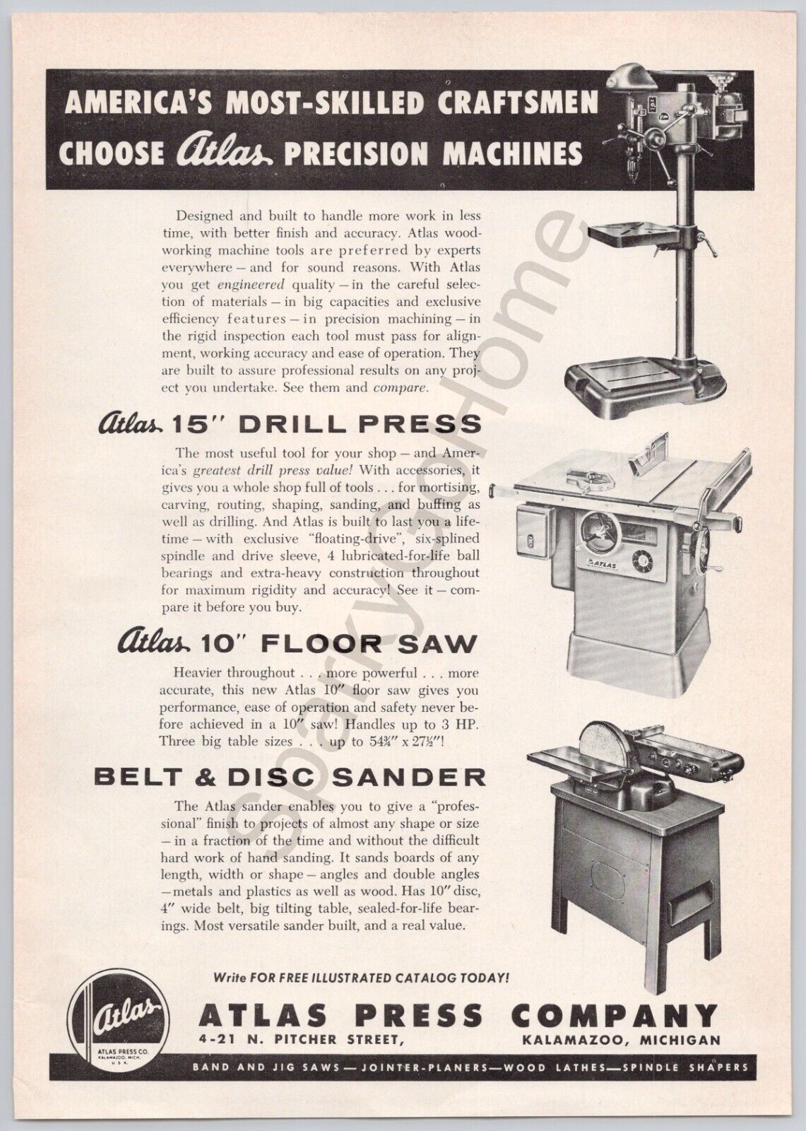 Atlas Press Co Precision Saw Press Sander Wood Work Kalamazoo 1960