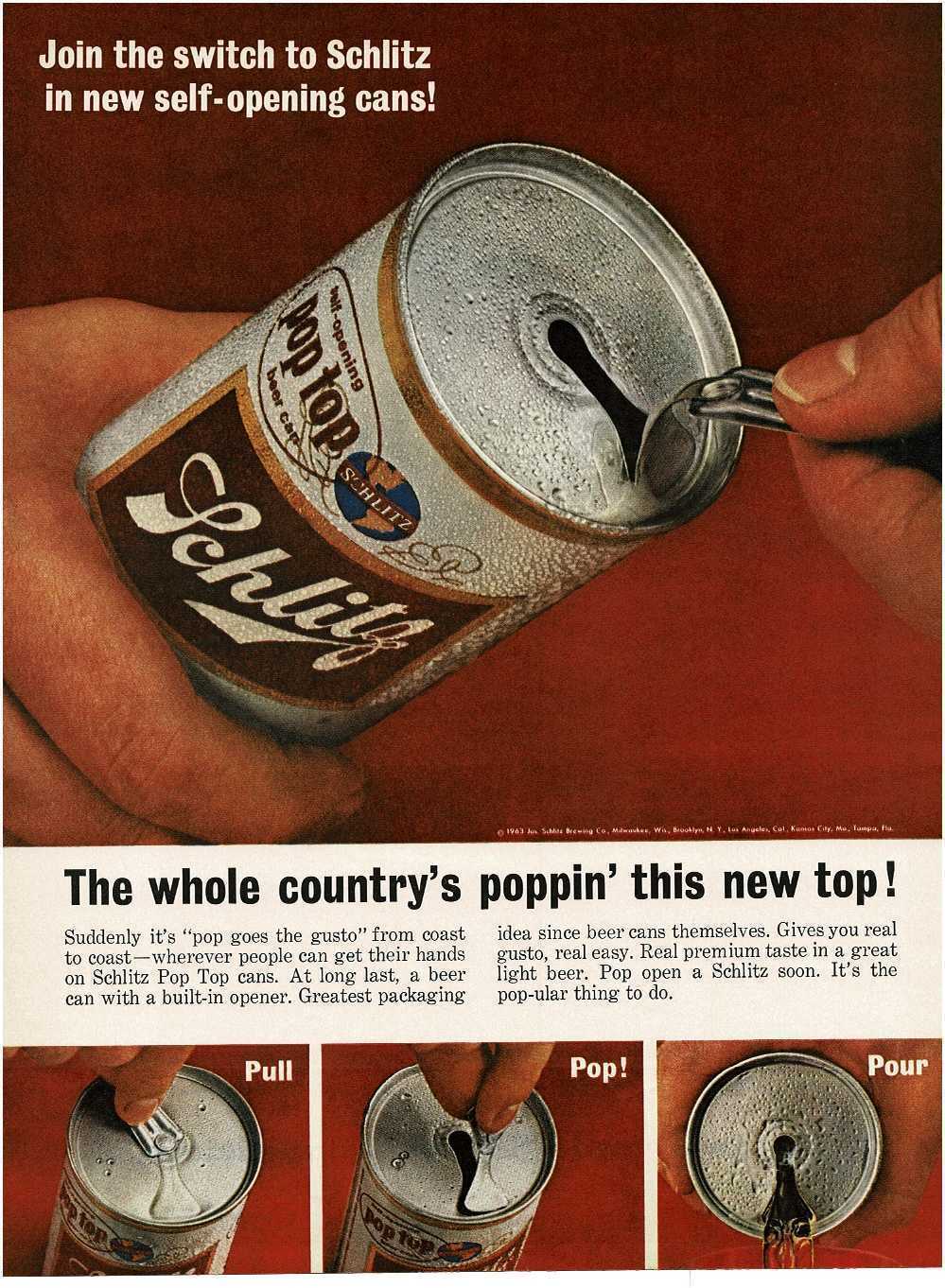 1963 SCHLITZ Beer pop top can Vintage Print Ad