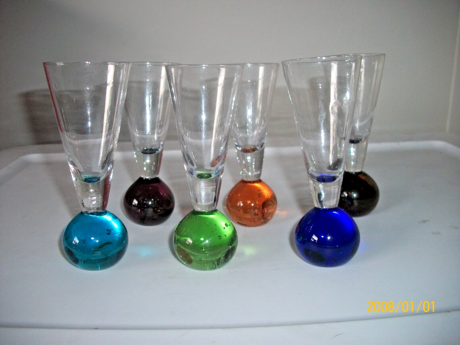 SET OF 6 COLORED BUBBLE BALL BASE CORDIAL GLASSES