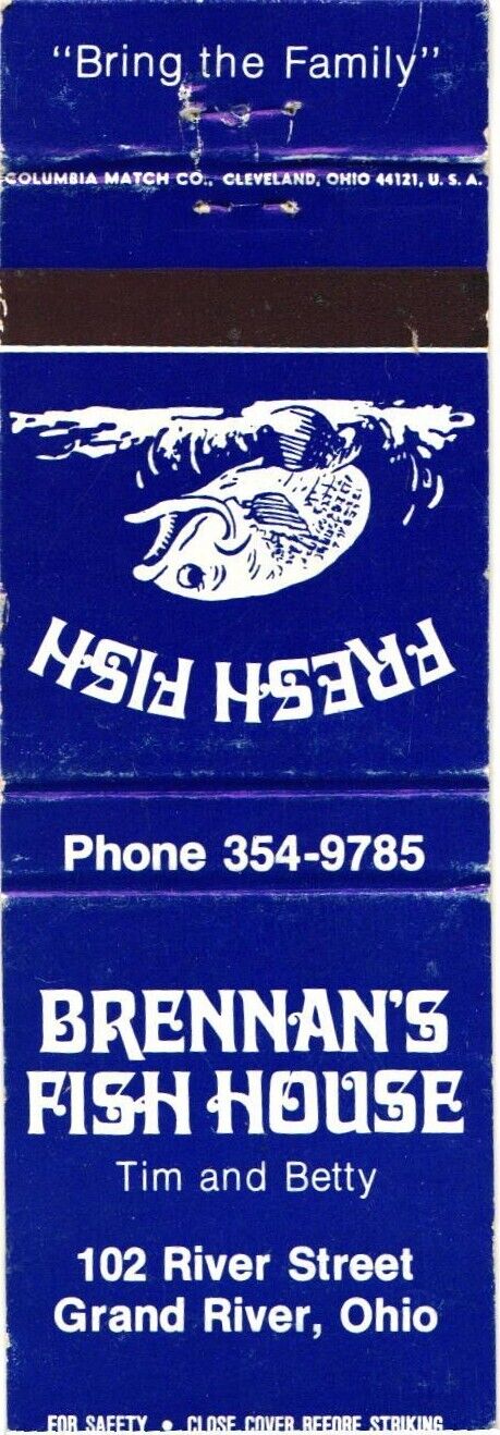 Brenna\'s Fish House, Fresh Fish, Grand River, Ohio, Vintage Matchbook Cover