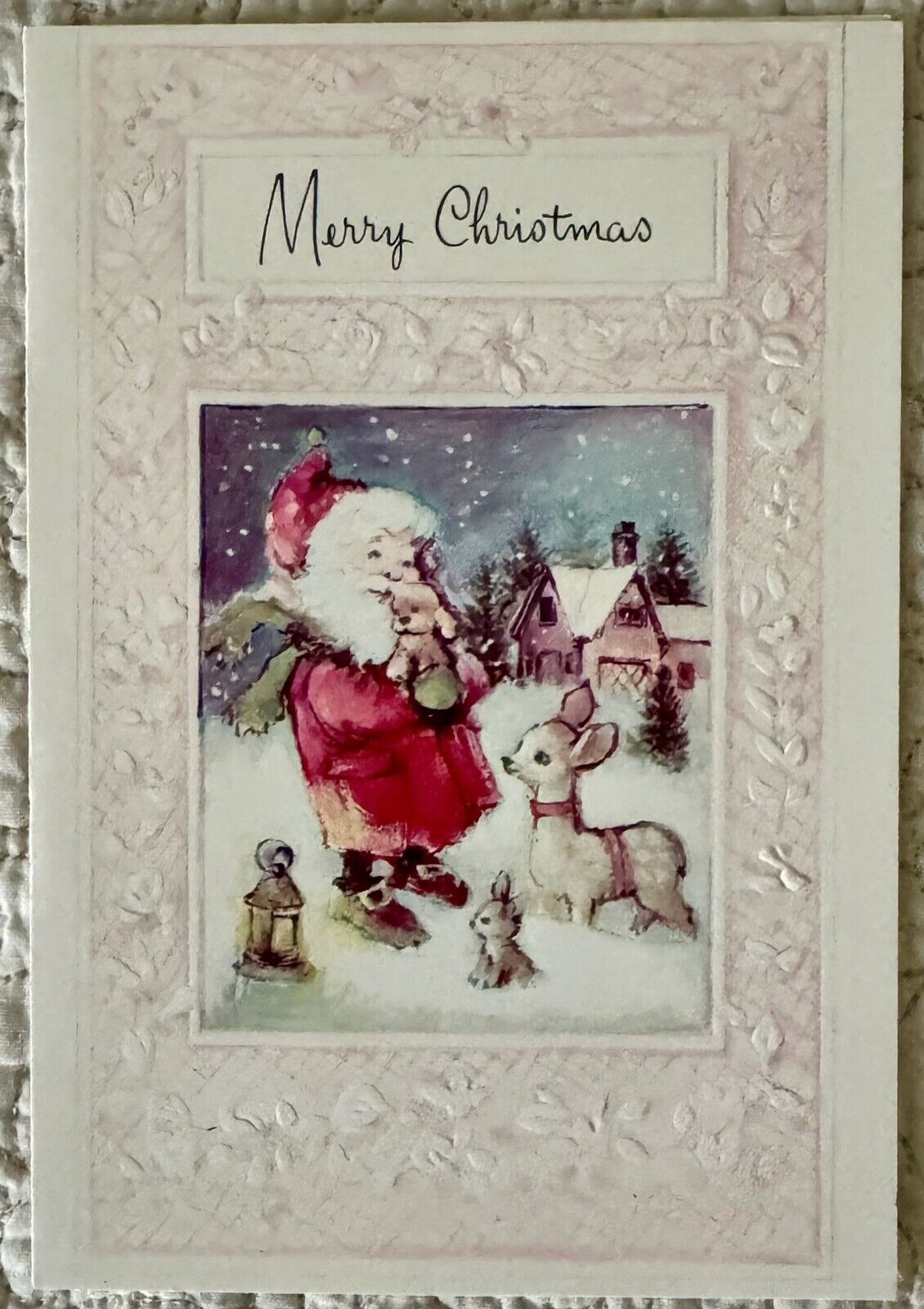Vintage Christmas Santa Deer Dog Snow Pink Border Greeting Card 1950s 1960s