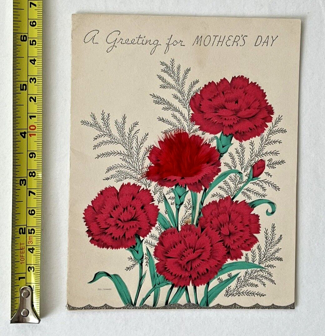 Vintage Mother's Day Card 1950's Carnations Real Feathers Silver Foil