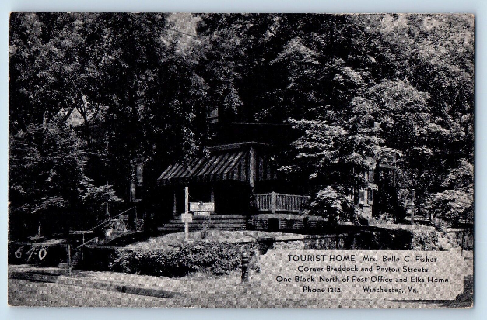 Winchester Virginia VA Postcard Tourist Home Belle Fisher Braddock c1940 Vintage