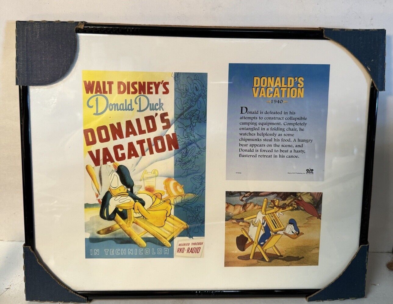 Vintage Walt Disney Donald’s Vacation Donald Duck Print Art Black Frame 11 X 14