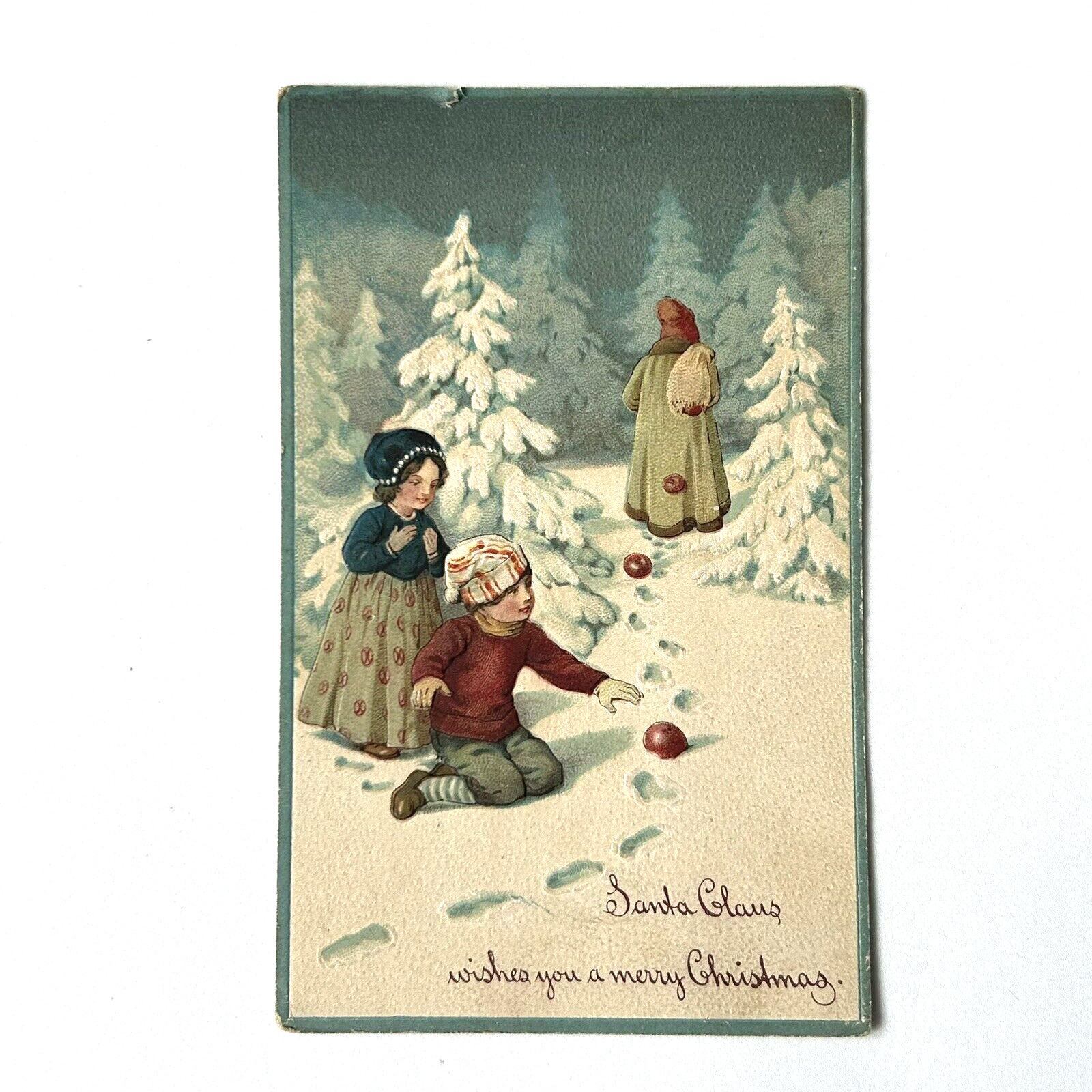 1913 Santa Green Coat Christmas Postcard Dropping Apples Children Embossed Postd