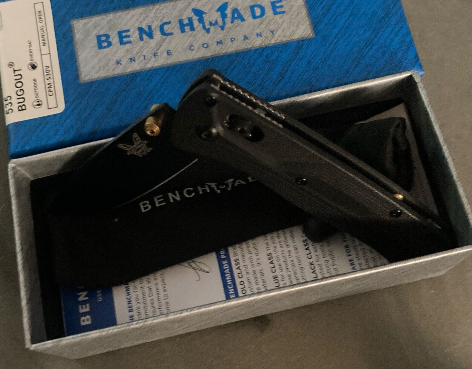 Custom Benchmade  535 Mini Bugout Knife New in Box. Custom With Gold Accents