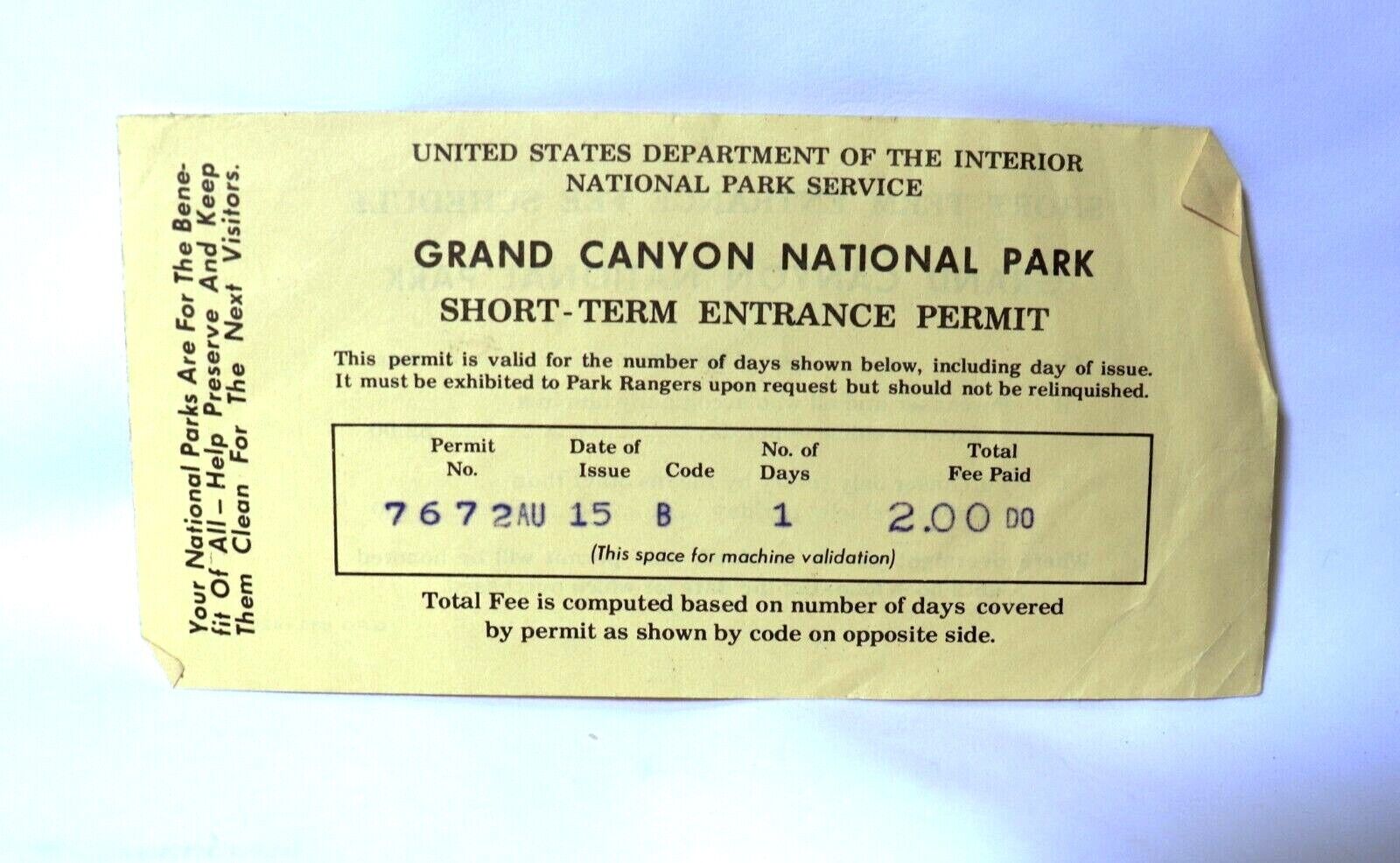 Vintage Grand Canyon National Park Short-Term Entrance Permit 