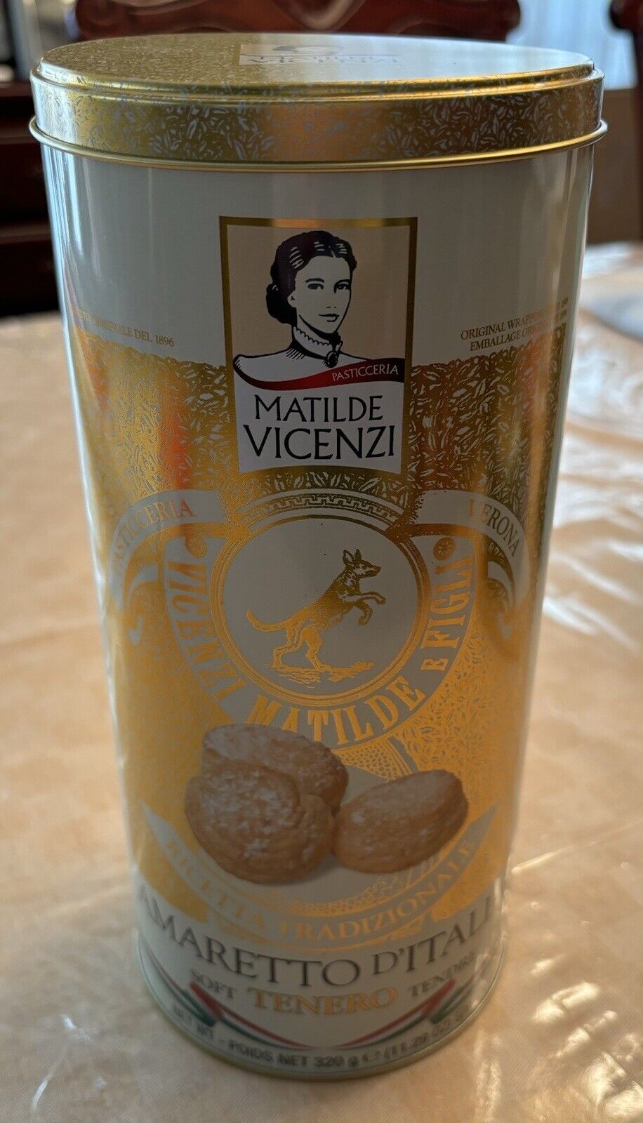Vicenzi Matilde & Figli Empty Round Cylinder Cookie Tin 10.25 X 4.75”