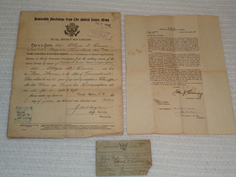 World War I Honorable Discharge Registration & General Pershing Service Letter