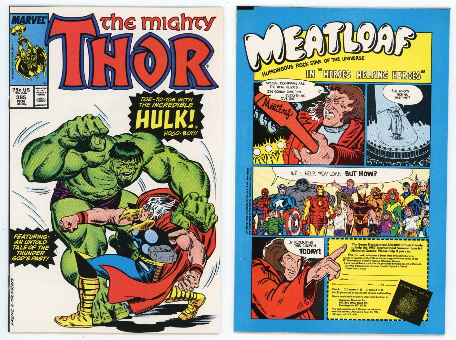 Thor #385 (NM 9.4) **High Grade** Hulk Battle Cover Frenz Milgrom 1987 Marvel