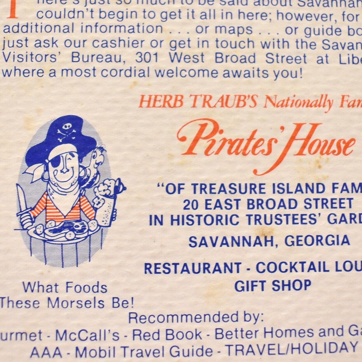 1980s Herb Traub Pirate\'s House Restaurant Dessert Island Menu Savanna Georgia