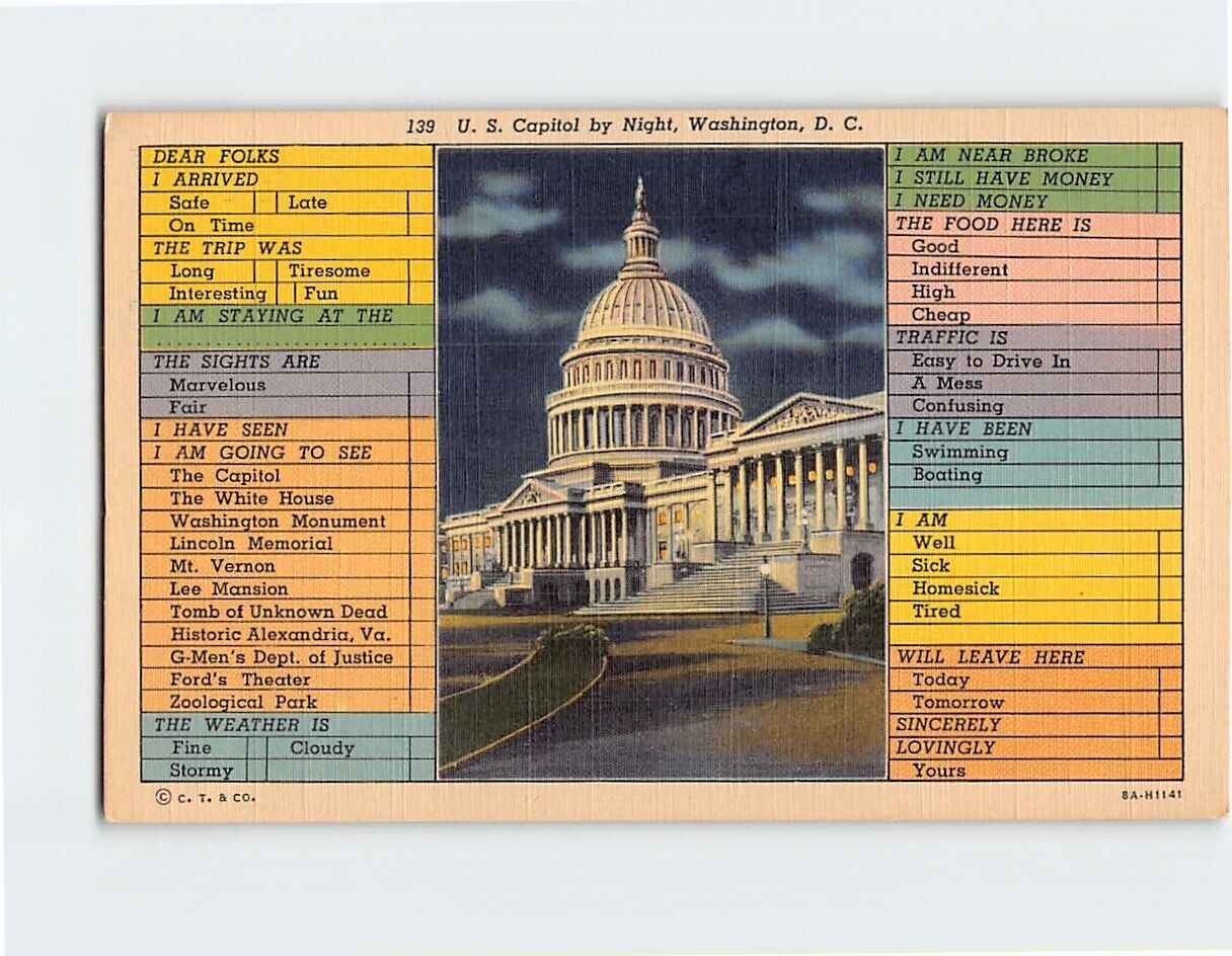 Postcard U. S. Capitol by Night, Washington, District of Columbia