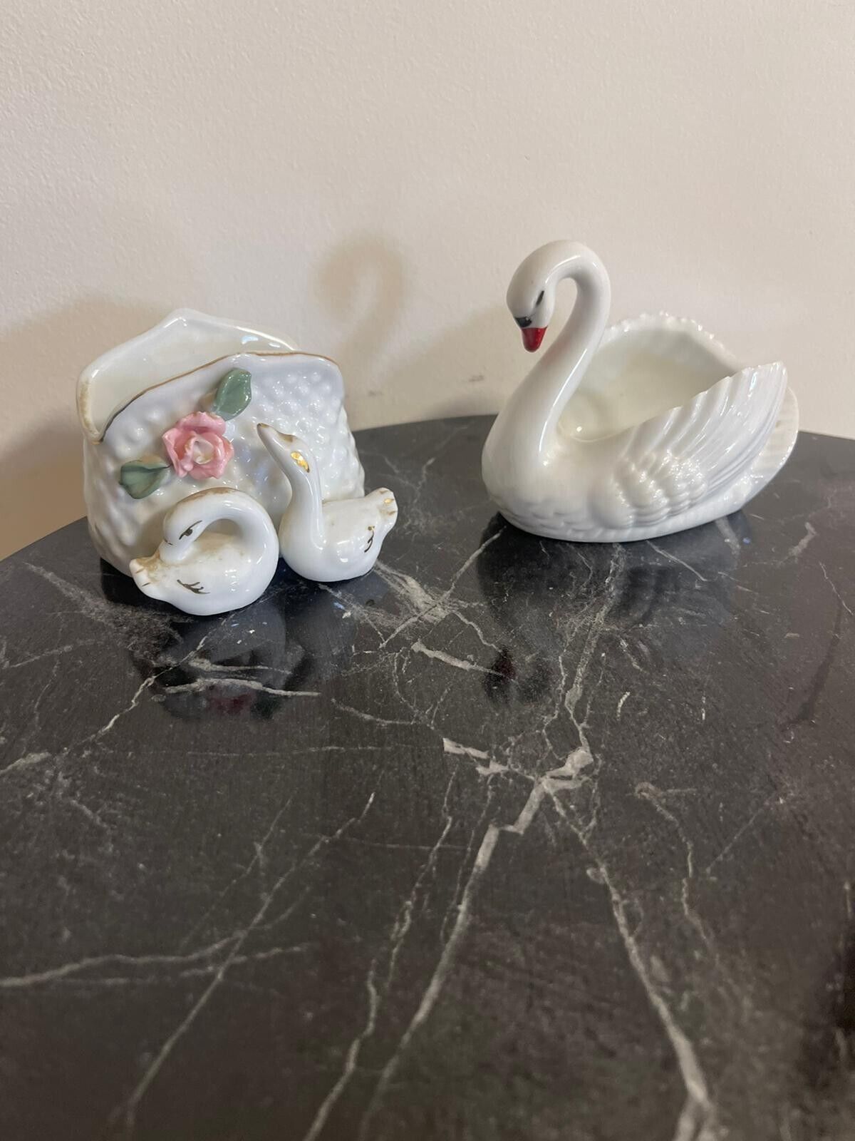 vintage porcelain swan duo white trinket box marked japan
