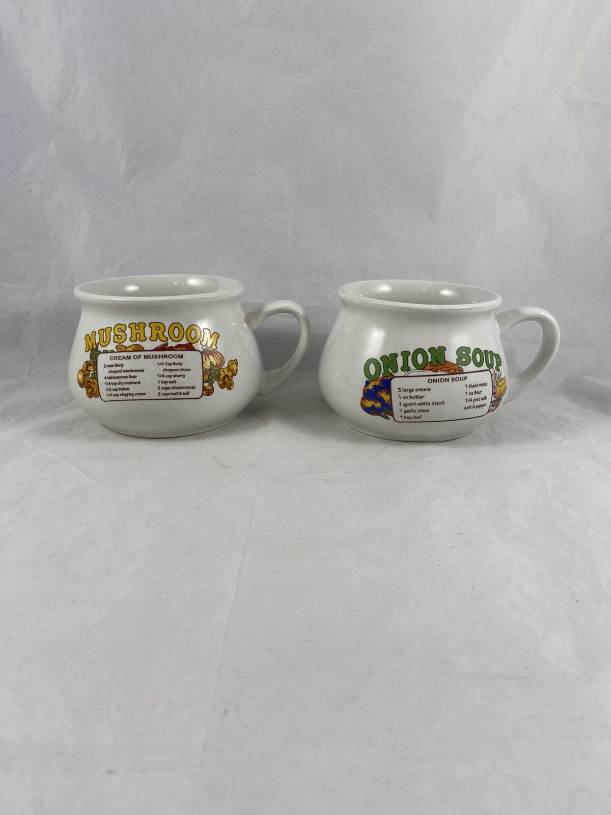 Mushroom Soup & Onion Soup Recipe Porcelain Mug Cup Bowl Handle Set Of 2 Vintage