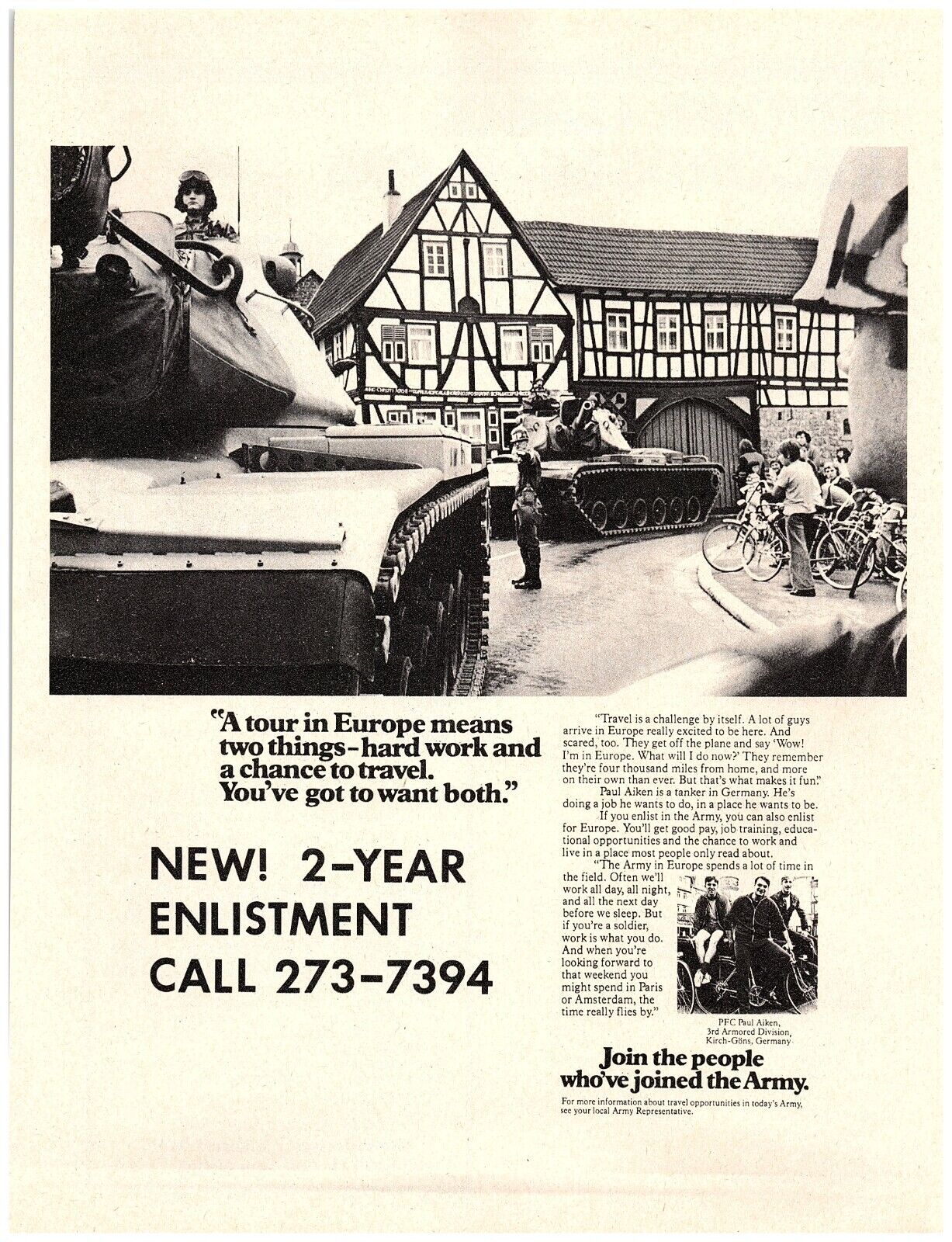 1979 US Army Recruit Print Ad, Tanks European Village Tanker Paul Aiken Quote