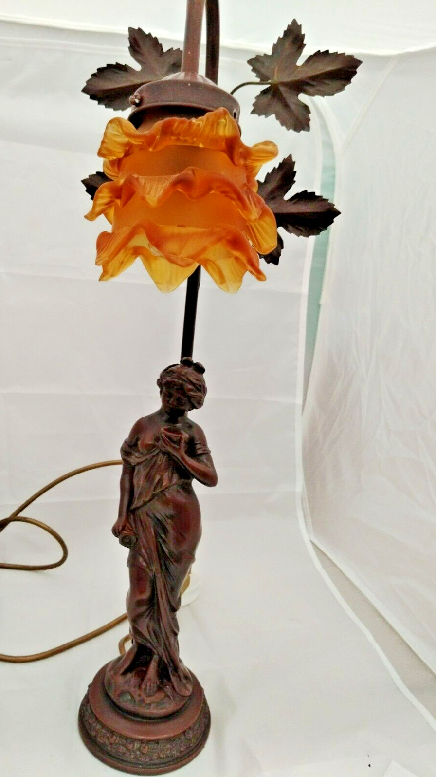 Art Nouveau Style Lady Figurine Statue Lamp 55cm tall ~ Amber glass shade
