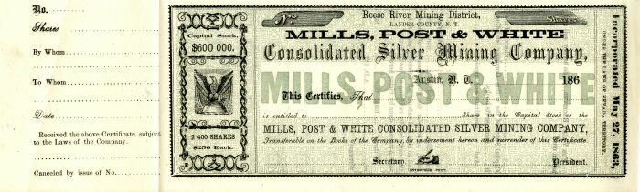 Mills, Post and White Consolidated Silver Mining Co. - Stock Certificate - Minin