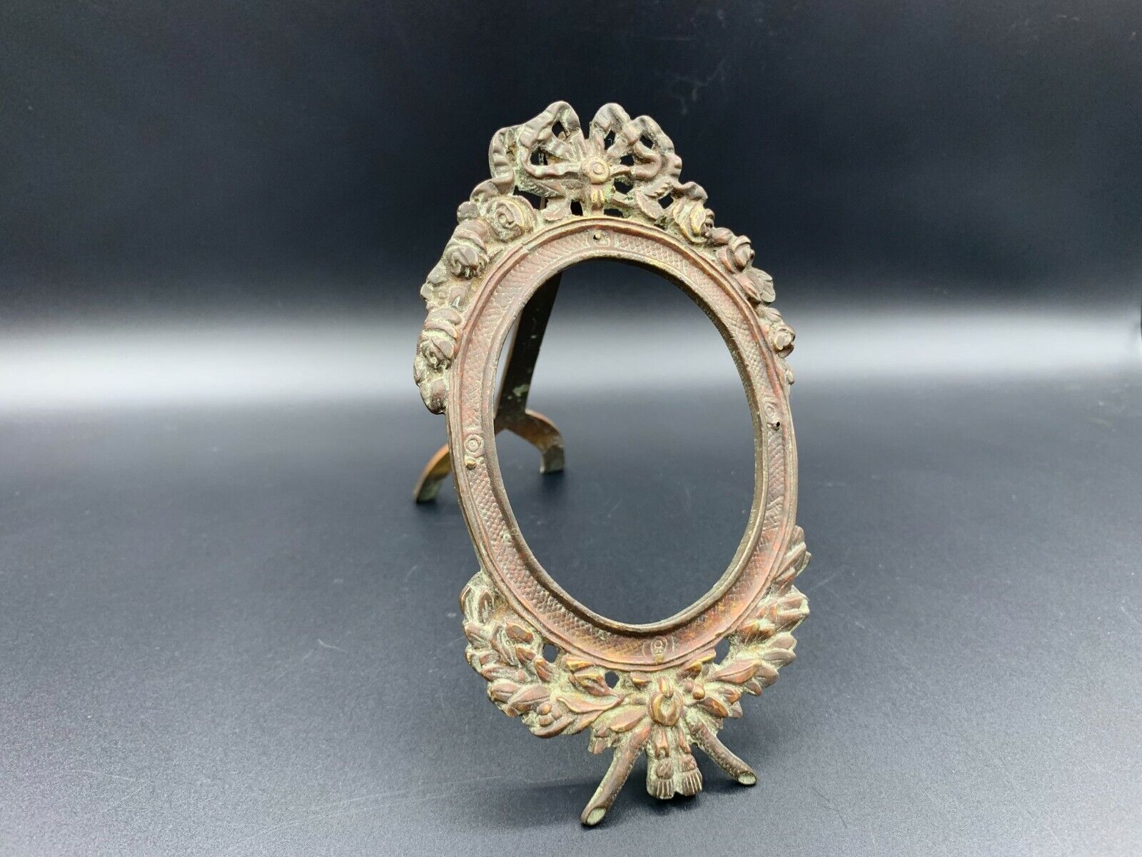 Antique Ornate Bronze Miniature Oval Picture Photo Frame Easel Ribbon 5 5/8\