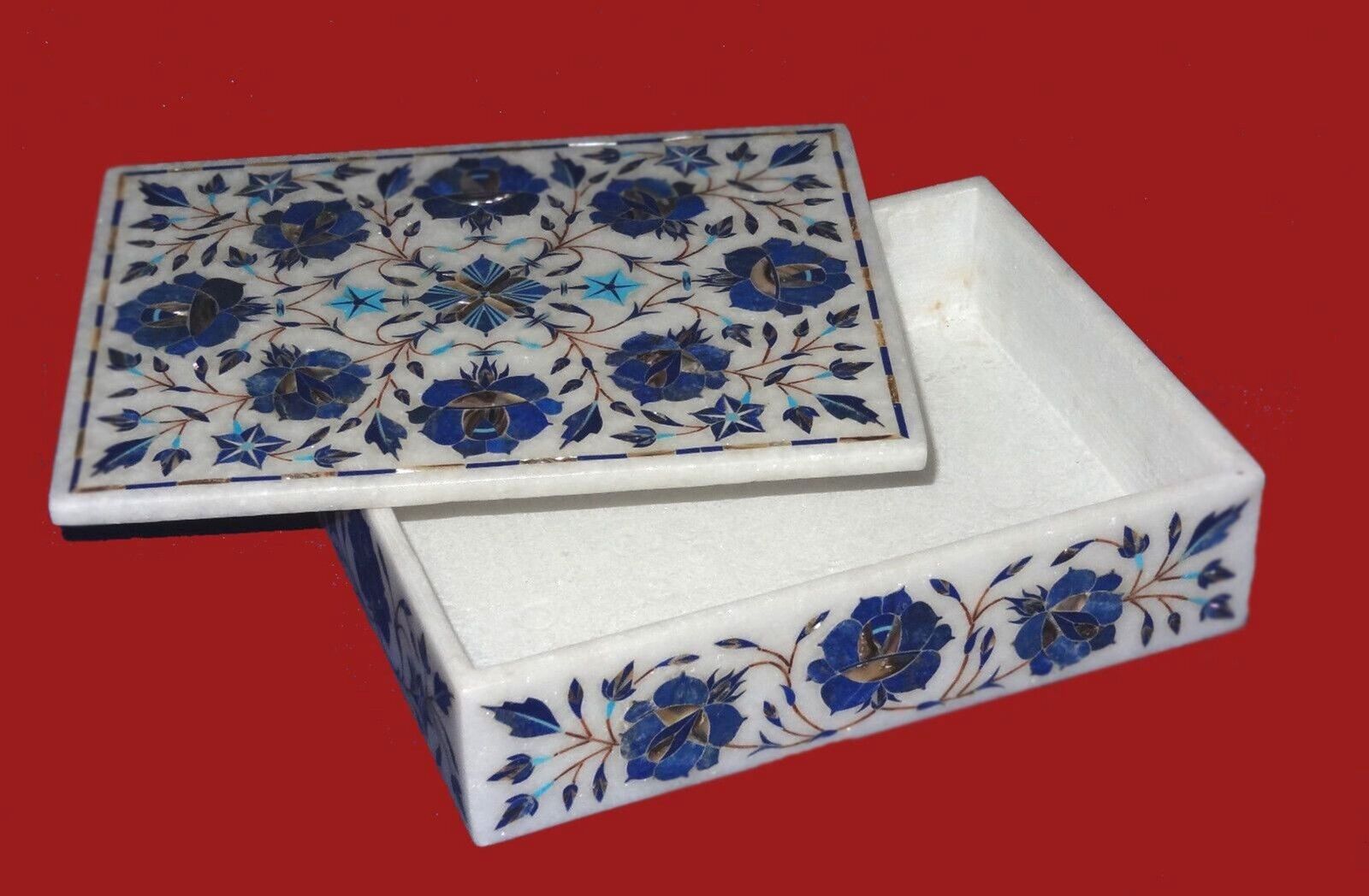 Rectangle Shape White Stone Decorative Box Floral Patter Inlay Work Jewelry Box