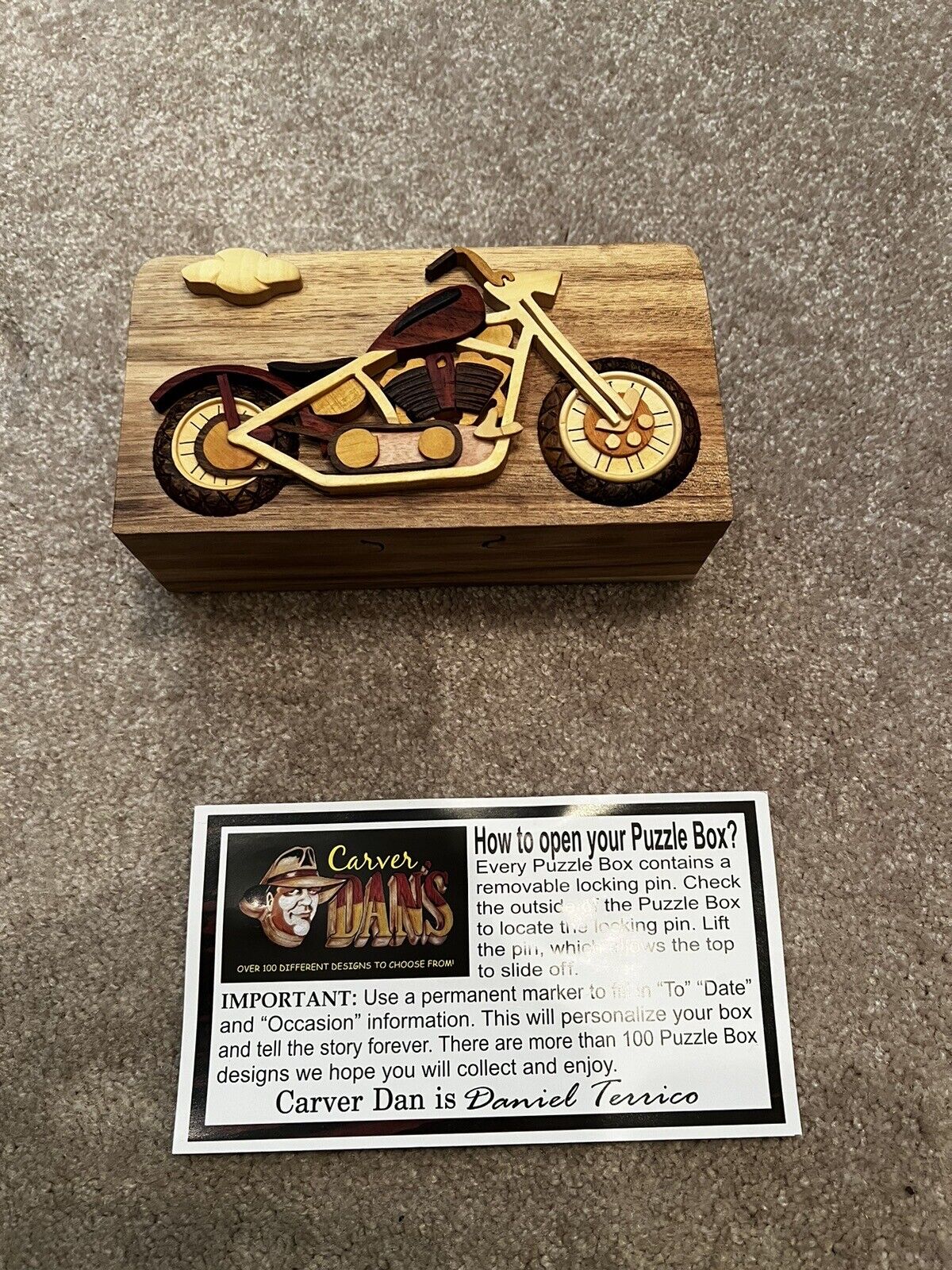 CARVER DAN'S HAND-CARVED Motorcycle WOOD PUZZLE GIFT BOX ~ NEW IN BOX