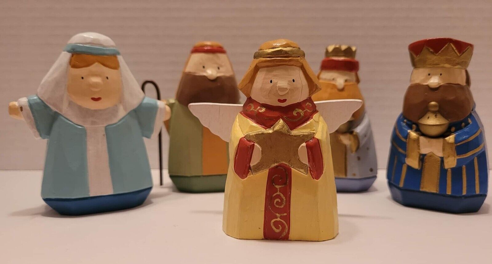 Hand-Carved Hand-Painted Wooden Nativity Crèche (partial, 5 pcs).