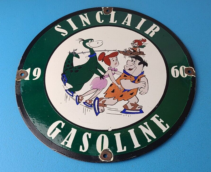 Vintage Sinclair Porcelain Sign - Flintstones Cave Man Gasoline Gas Pump Sign