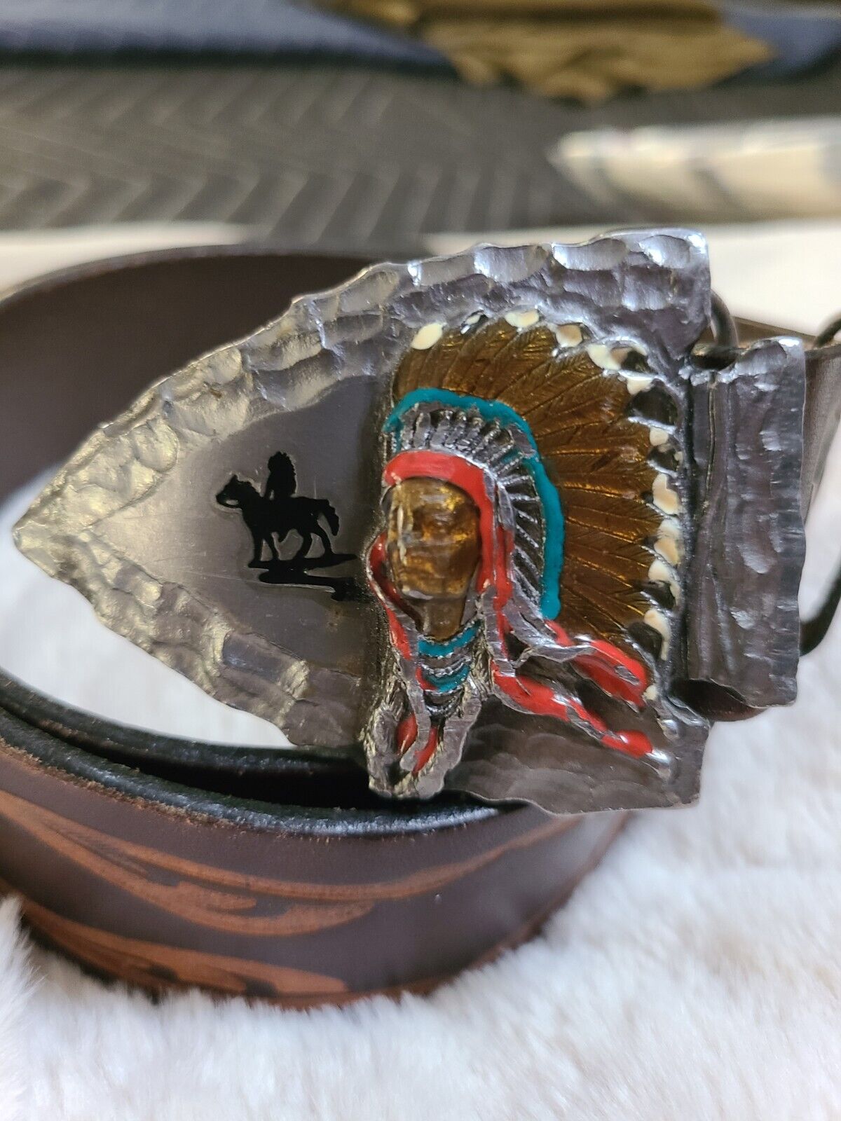 VIntage Siskiyou Chief Joseph Pewter Arrowhead Buckle W/Leather Belt 1988