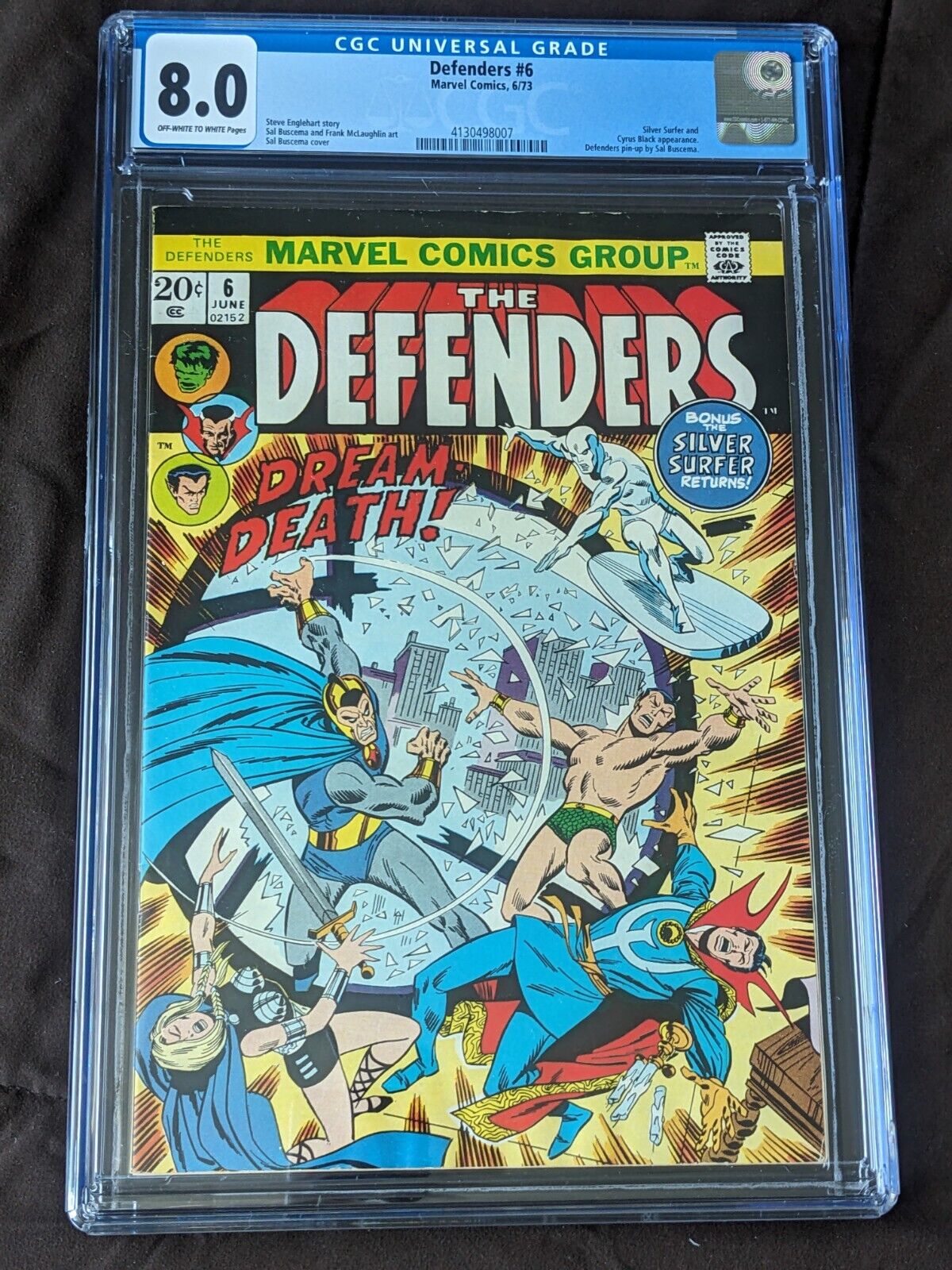 Defenders #6, CGC 8.0 Off-white to White pgs., 1973 Sal Buscema cover