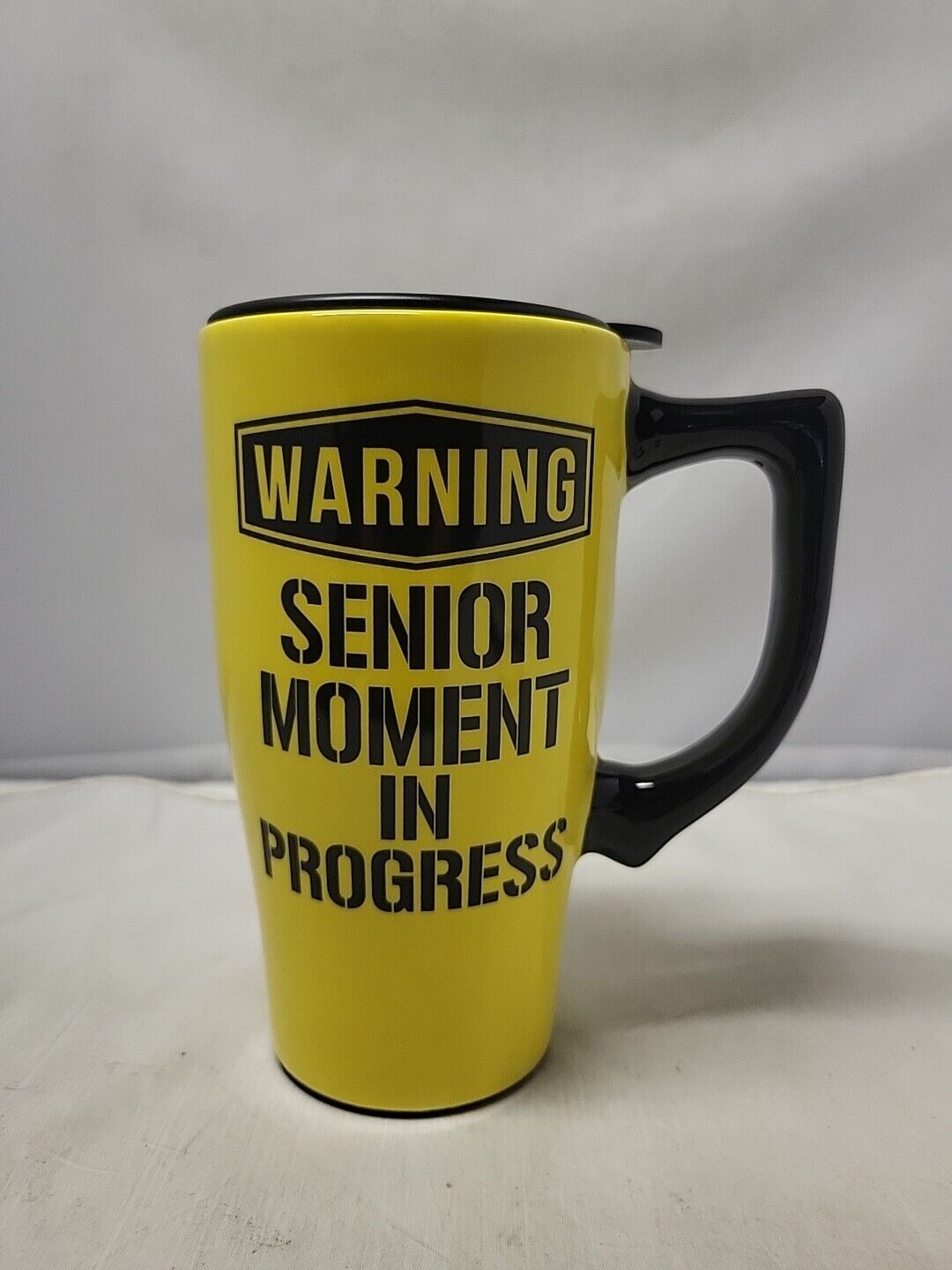 Senior Moment In Progress Yellow Black Ceramic Coffee Mug Cup 18oz 