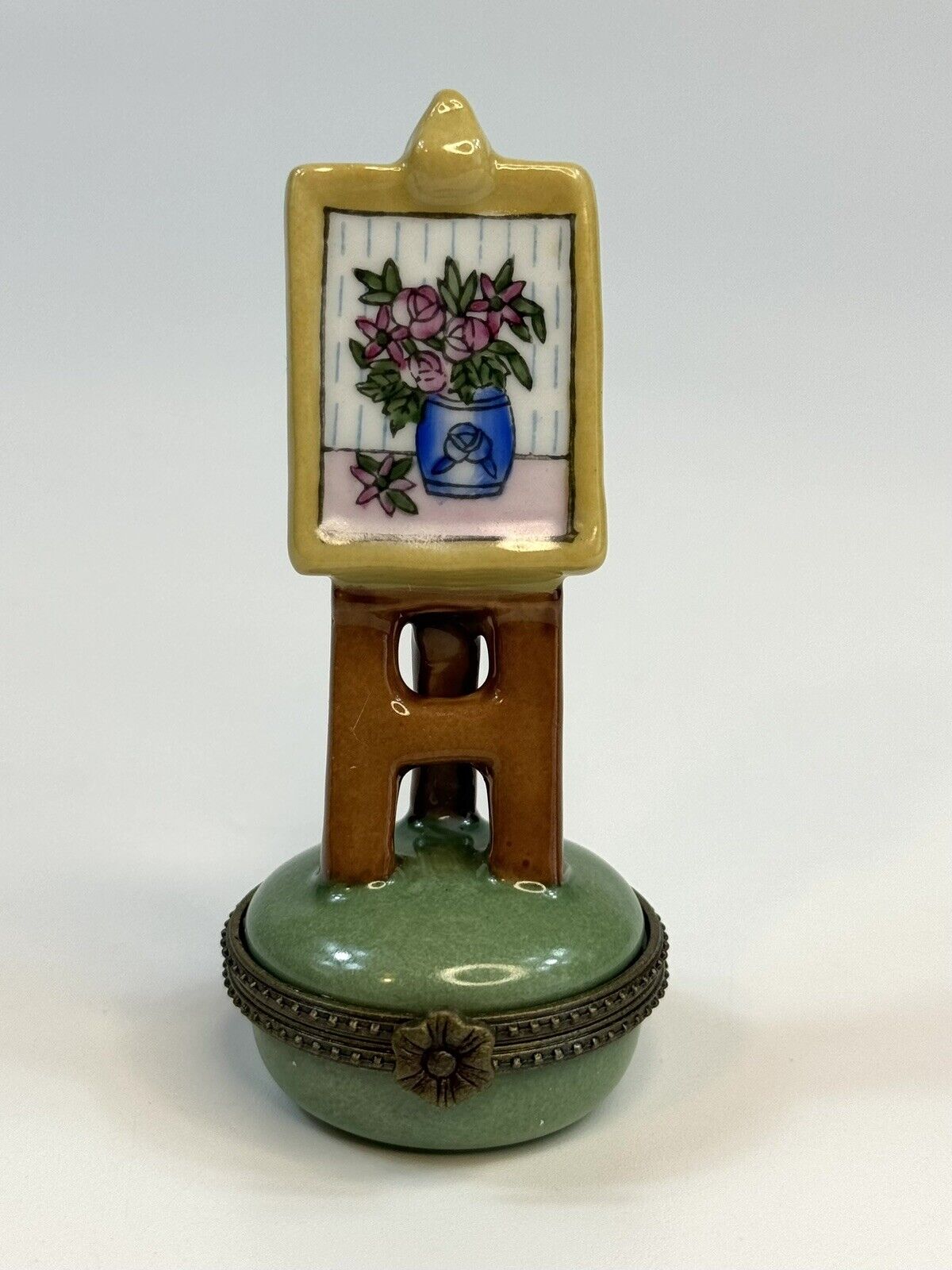 Porcelain Hinged Trinket Box Artist Easel with Painting Flowers Floral