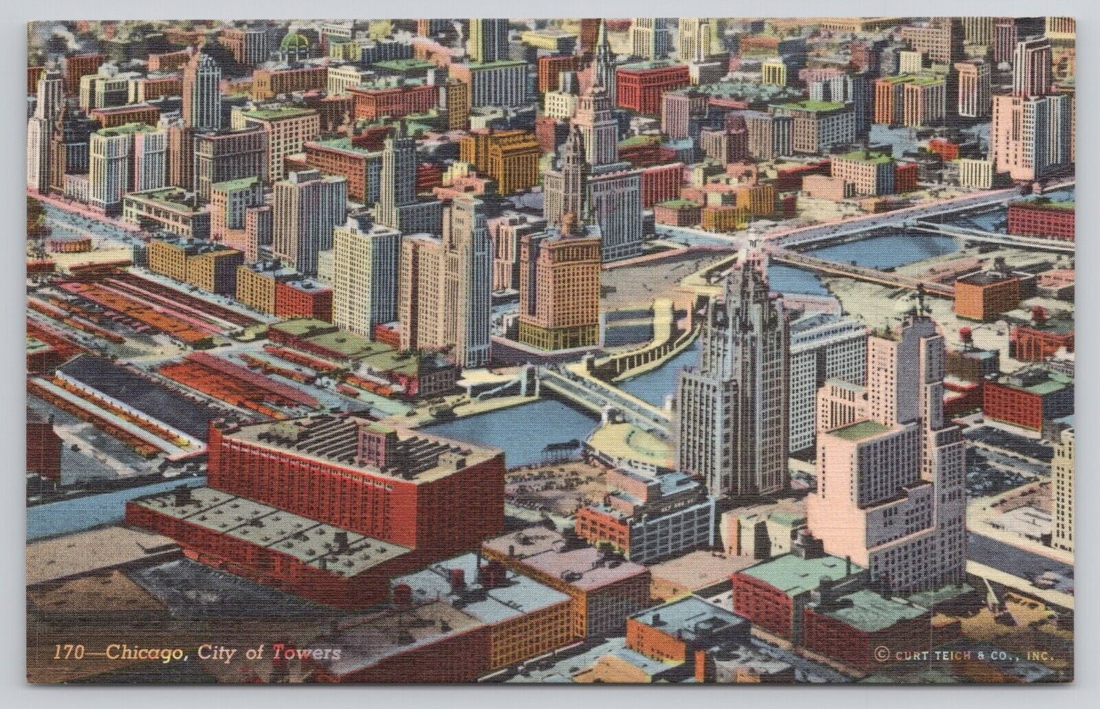 Chicago Illinois IL, City of Towers Aerial View 1942 Linen Postcard