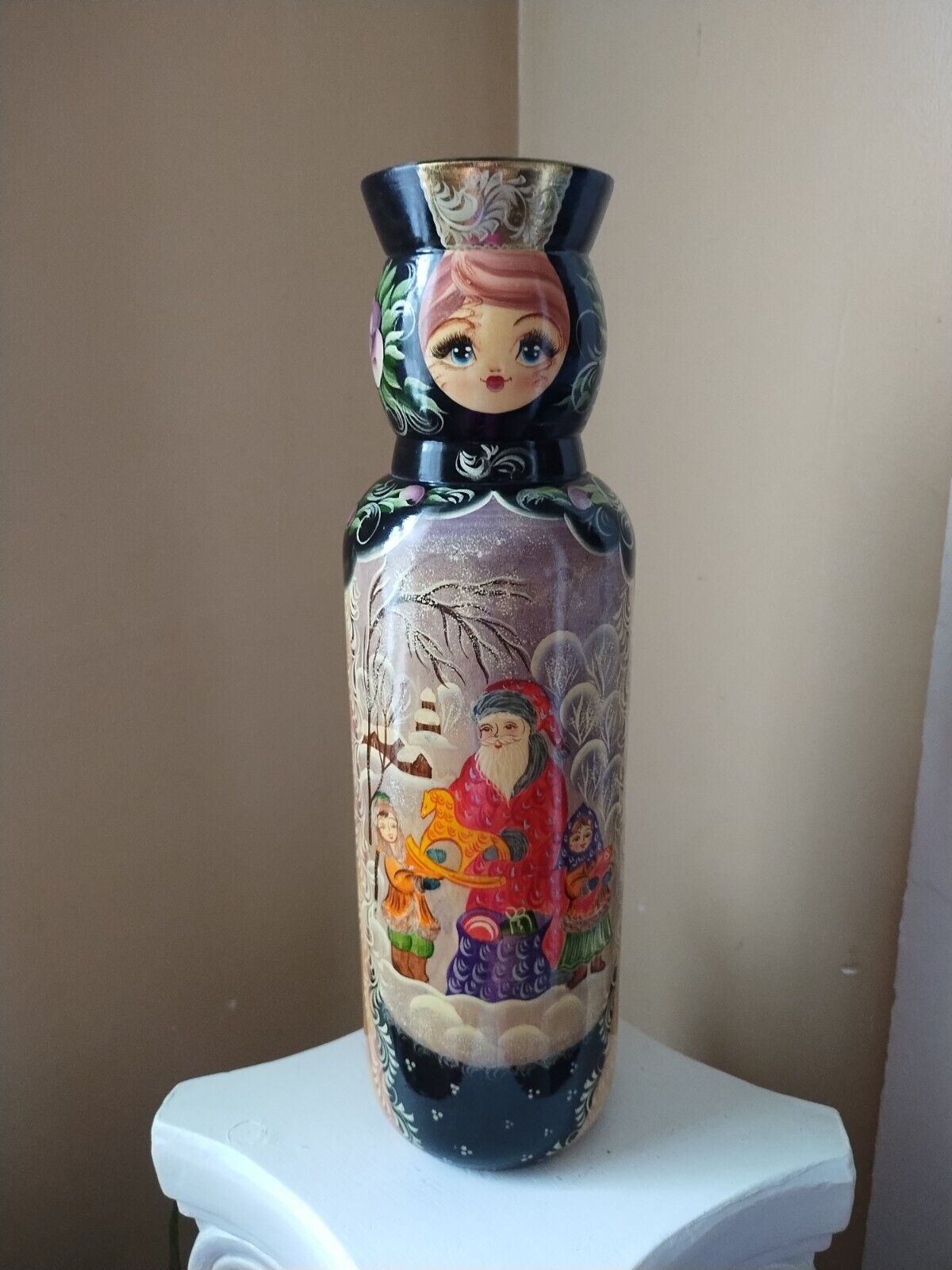 Vintage Matpeha Russian Hand Painted Doll Bottle Holder 15” 