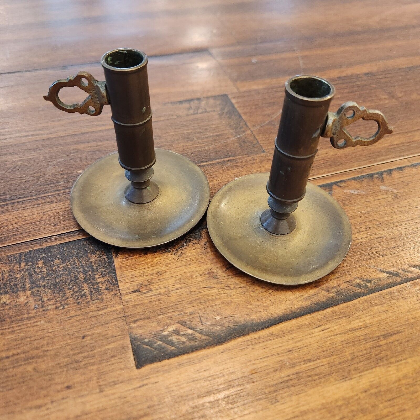 Pair of vintage brass skultuna style candlestick holders push up for desk c1850s