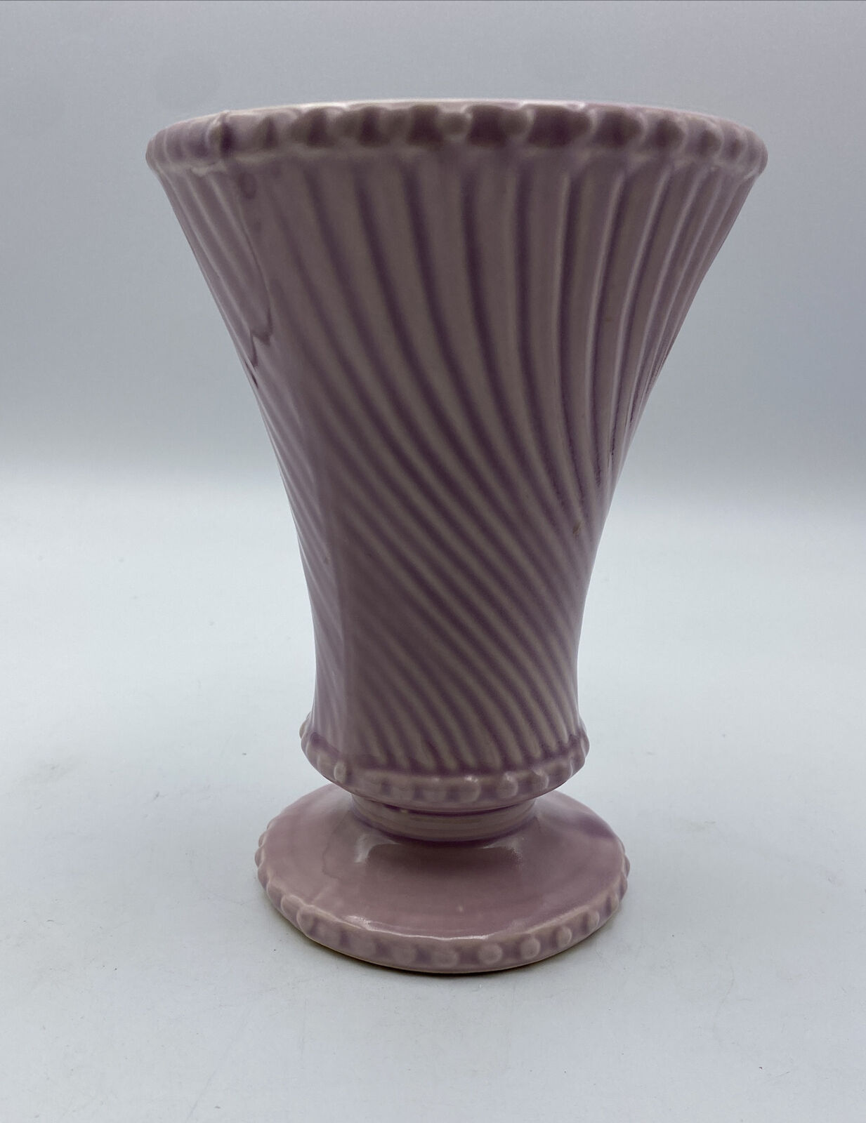 McCoy Pottery Orchid Lavender Glaze 6”Swirl  Pedestal Vase Vintage Art Deco USA