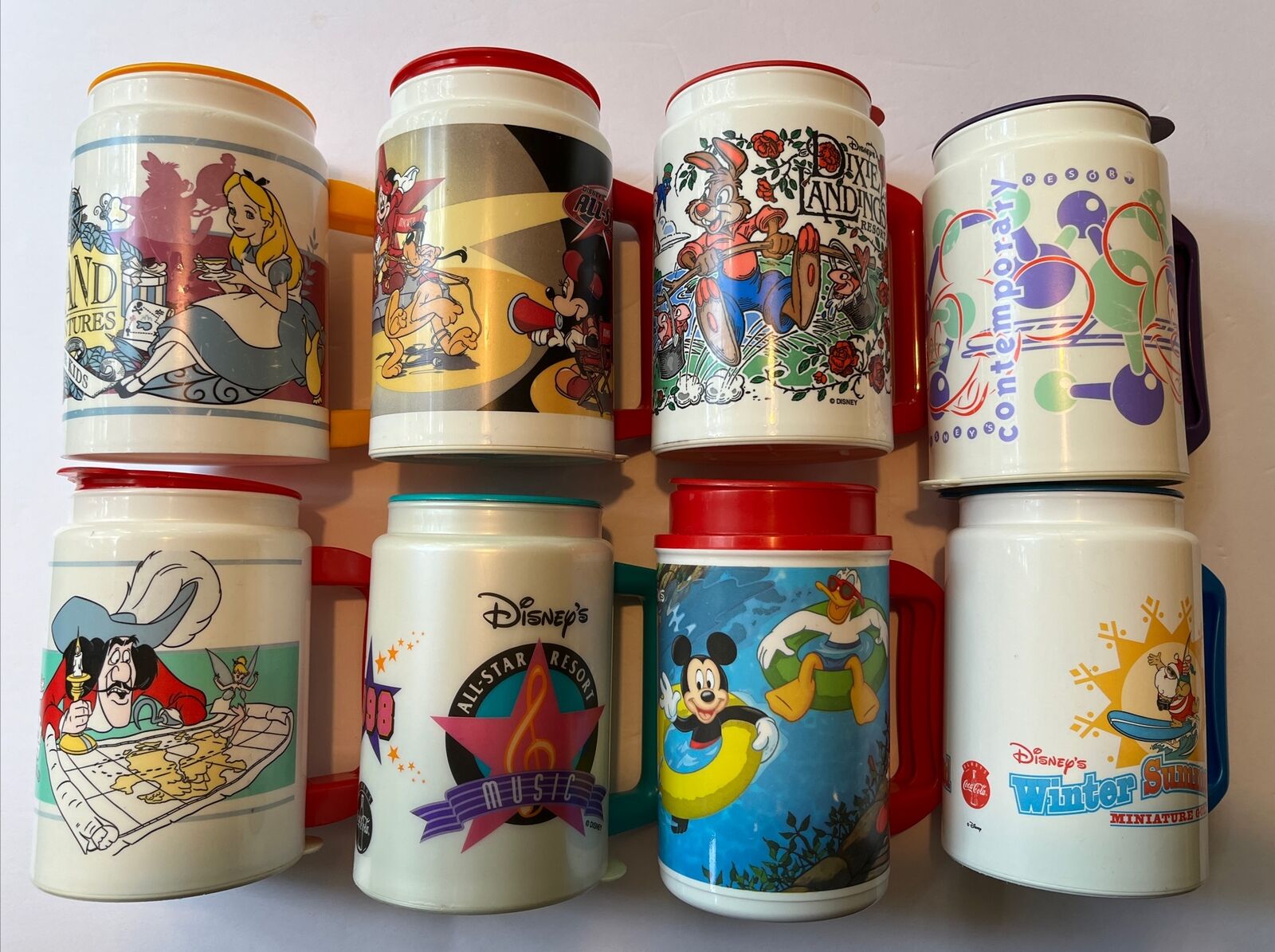 Lot of 8 Vintage Disney World Resort Refillable Mugs Insulated Cups w/ Lids WDW