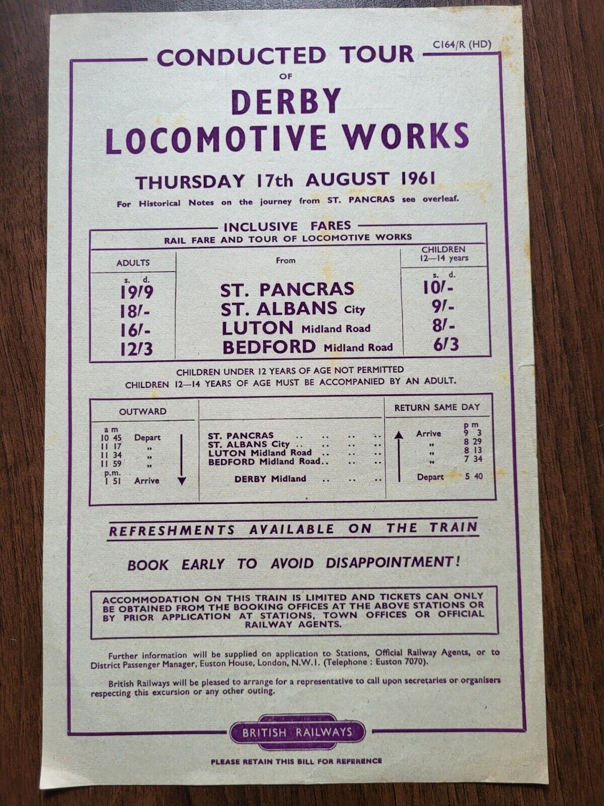 August 1961 BR Handbill TIMETABLE DERBY CONDUCTED TOUR LOCOMOTIVE WORKS